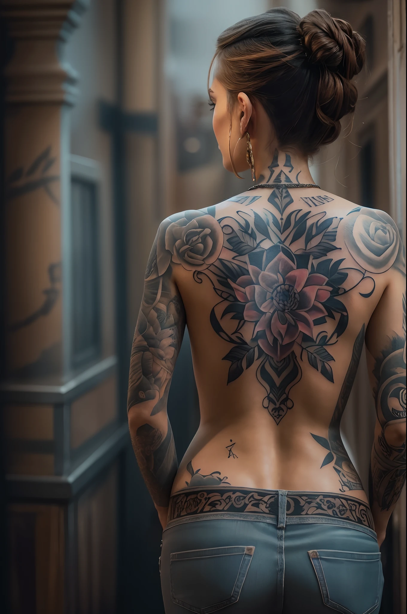 Tattoo in style ( Changed tattoos) on the back of a beautiful European woman. A woman dressed in (changed clothes). Expressive look at the viewer. A work of art, Hyperrealism, Atmospheric lighting. (Changed the environment)