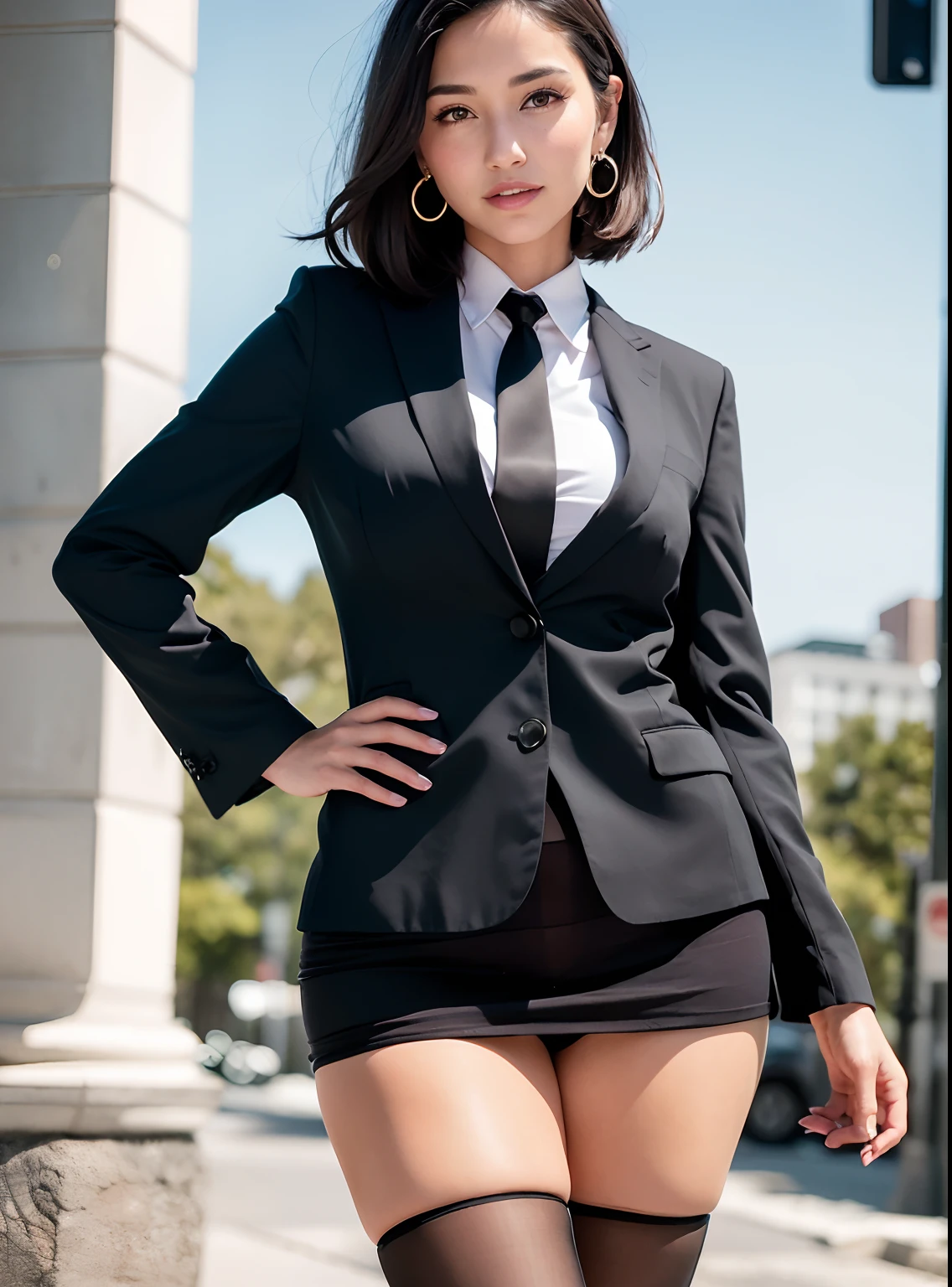 (8k, Best Quality, Masterpiece:1.2), (Realistic, Photorealistic:1.37), Ultra Detail, 1 Girl, Full Body, Outdoor, (Adjusted Hair:1.5) Office Lady, Black Office Blazer, Office Skirt, (pantyhose: 1.2), (short button-down shirt: 1.2), button-up collar prim, button-down collar prim, bra, (pantyhose: 1.2), alpha layer, high heels, beautiful earrings, cute, solo, beautiful detailed sky, (smile: 1.15), (closed mouth), small breasts, beautiful detailed eyes, business attire, (short hair: 1.2), floating hair NovaFrogStyle,