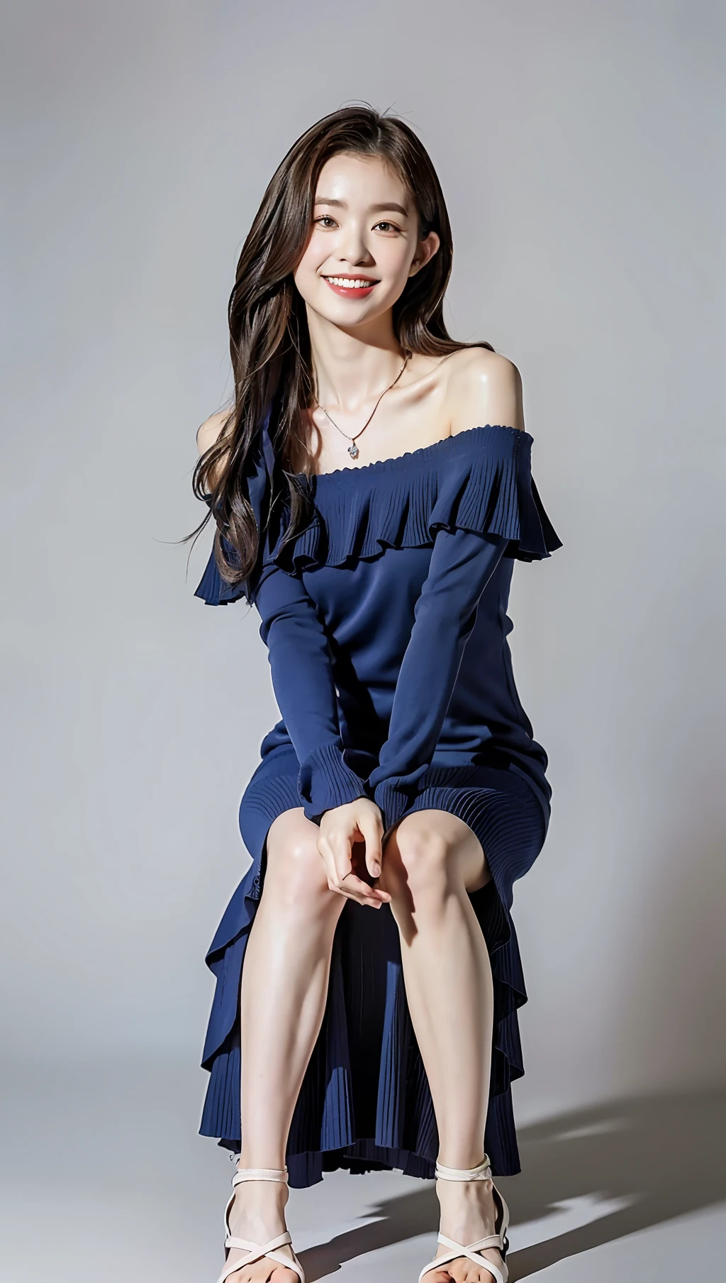 FULL BODYSHOT、(top-quality、8k、32k、​masterpiece、UHD:1.2)、Photo of a cute Japanese woman、Slender figure、Brown hair、clong legs、oversized_sweater、a necklace、simple background、Long dress with blue ruffles、sandal、Shot from below、The heel is floating off the ground、a smile、
