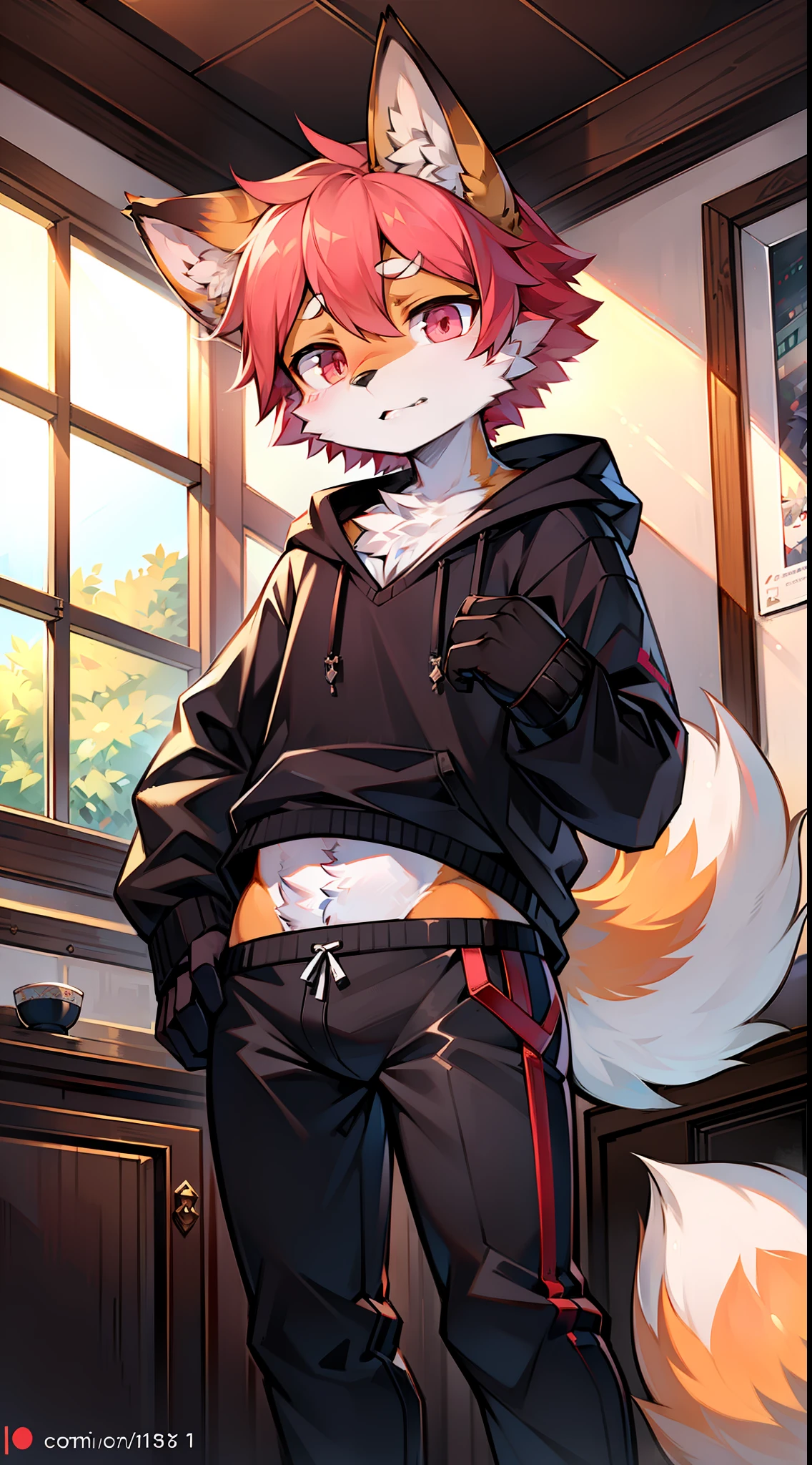 author:zackary911, (kawa:1.1), 32 cm, e621, Dog-1, red fox, Humanity, Libido boy, 独奏, Skinny black hoodie, furred, Look upwards into perspective, Perspective from childhood, (He was looking down at the small), curved thighs,, Beep, Dog-1, Dog-1 Flafinil, Dog-u tuber, Fox with triangle details, Black outfit with red detailing V-neck, Fox with very dark ears, Puple eyes,sixpack abs,colours,Red left eye,The right eye is pink,limp,Pink hair,Tiger detail on the body,by Zackary911,(Coffee soda:1.1),Hioshiru,Zackary911,coyote,Humanity,Libido boy,独奏,tight black hoodie clothing,furred,Look up and see,Perspective from childhood,(He was looking down at the small),curved thighs,Beep, Dog-1, Dog-1 Flafinil, Dog-1 yober, Fox with triangle details, Black outfit with red detailing V-neck, Foxes have dark ears, blue gray, Red left eye, The right eye is pink, limp, Pink hair, Tiger detail on the body, Slum Brazil in window background, Black ears in her pink,Brazilian,