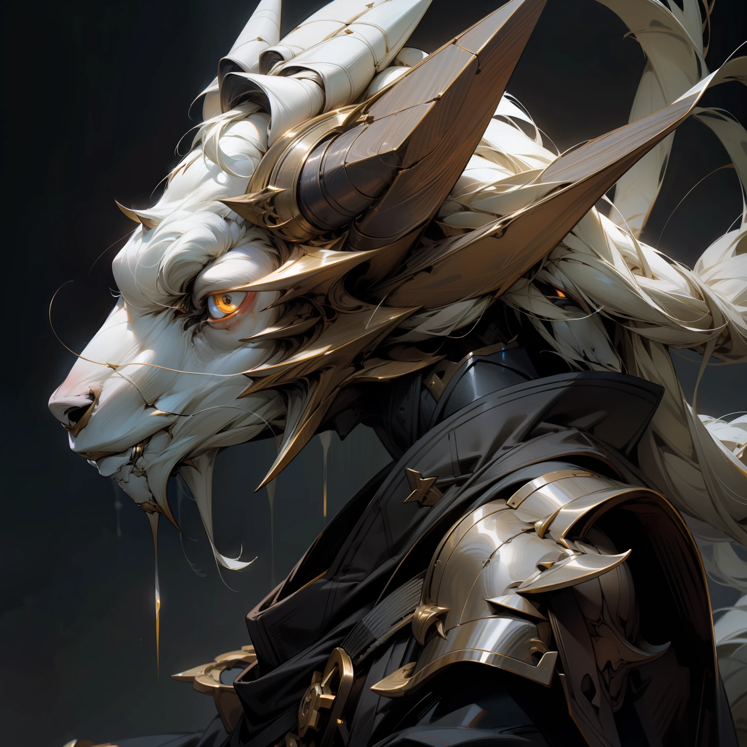8K goat wearing hat,Lightning handsome anthropomorphic armor technology sense side face goat horn background dark night