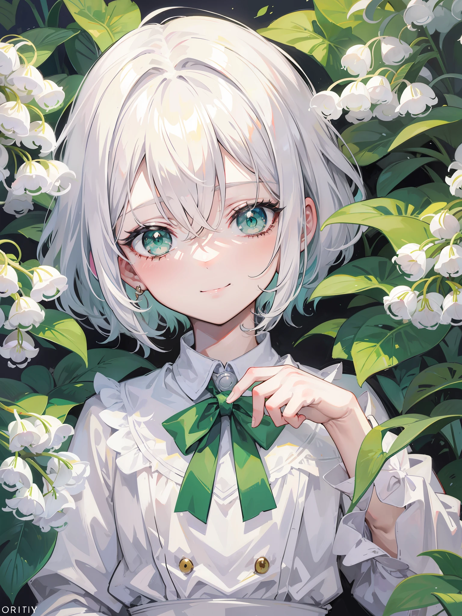 1 little boy,with short white hair,Green eyes,long eyelasher,Face portrait,adorable smile,Lily of the valley
