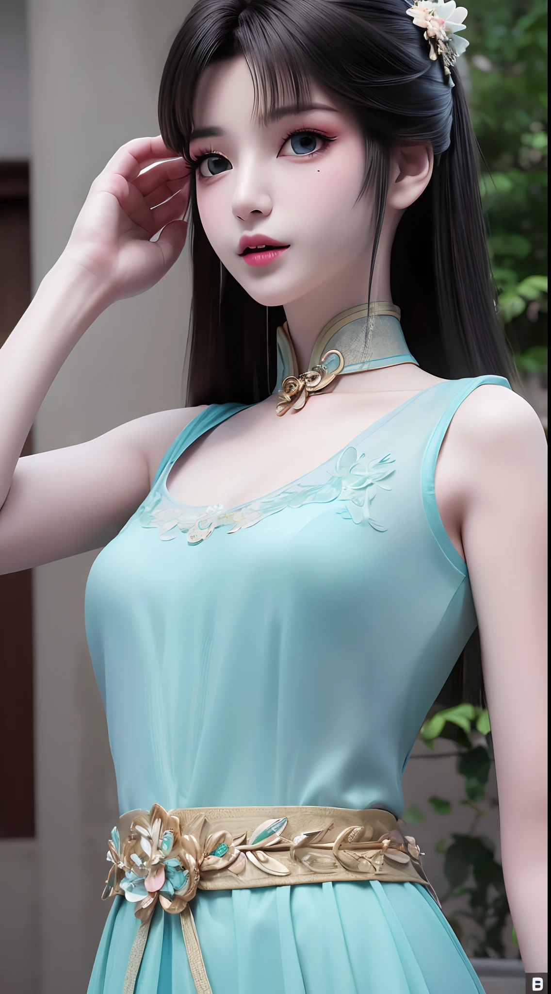 1 realistically beautiful girl, waist length hair, long black hair with a hint of blue,light blue eyes, ancient Ao Dai, style hanfu, wearing a thin silk shirt of ancient China, pink and smooth white skin, wearing a discreet ancient style ao dai, appears shoulders and head in the photo,cute little face, eye bags under wet makeup, plump red lips, pout, ((closed mouth:1.0)), balanced incisors, embarrassed, small face makeup detailed and very beautifull, The breasts are super round and tight, breast augmentation, blum boobs, Cover the girl's chest with a camisole inside, blush, from front, wear earrings, necklaces, from above, looking at viewer, upturned eyes, full body, masterpiece, top quality, best quality, official art, unity 8k wallpaper, highres, ultra-high res, ultra-detailed, (photorealistic:1.2), alone, solo, Only 1 girl, style hanfu Dunhuang, 10x pixels, super realistic, ultra high quality, full body view of the girl, upper body,