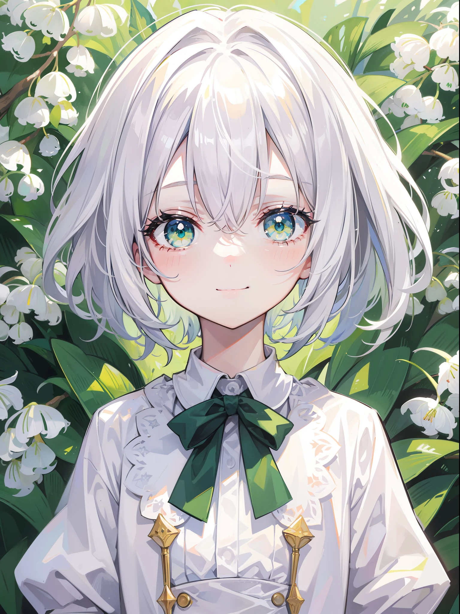 1 little boy,with short white hair,Green eyes,long eyelasher,Face portrait,adorable smile,Lily of the valley