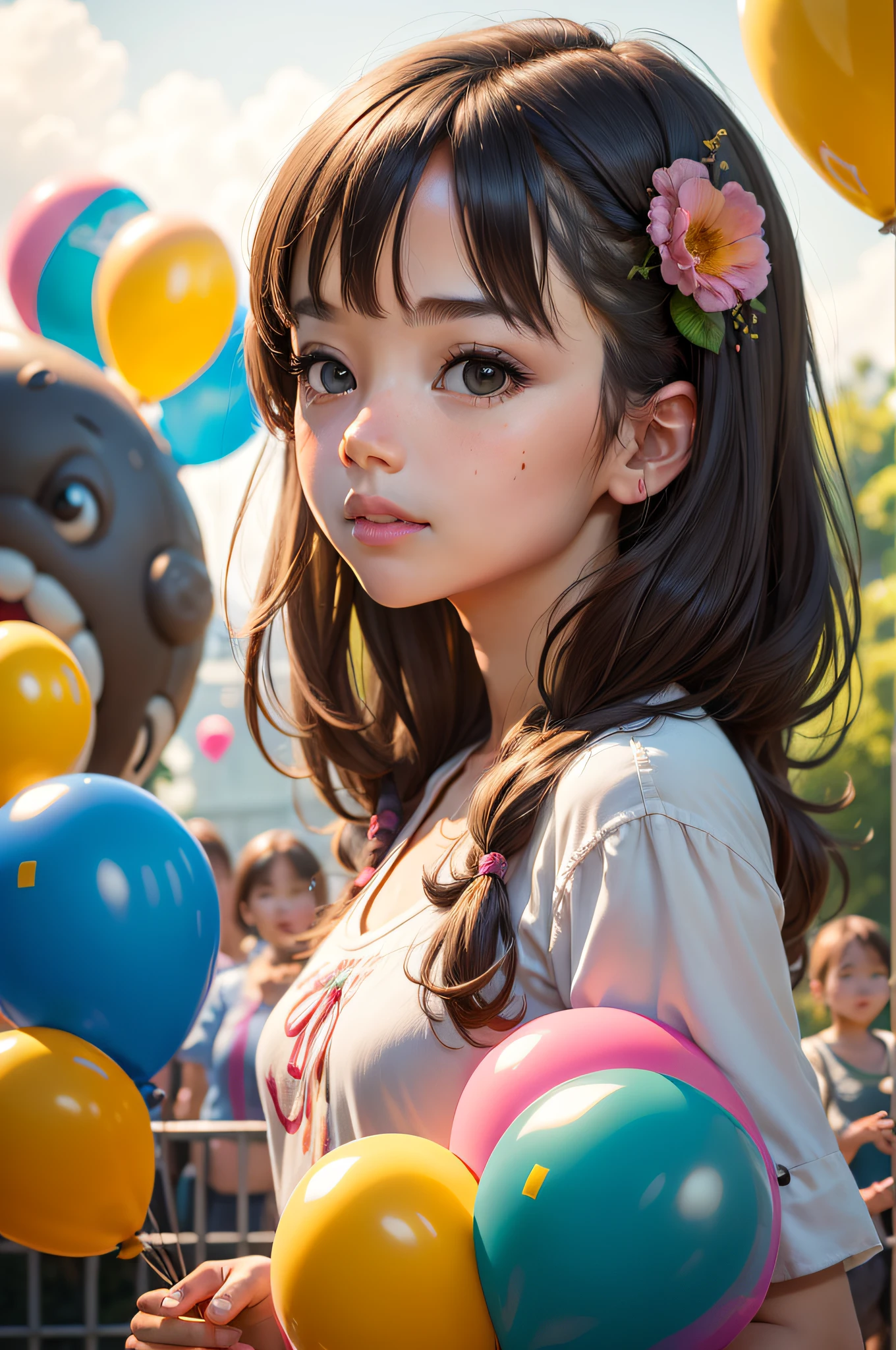 A girl, zoo, many balloons, happy, happy, perfect quality, clear focus (clutter - home: 0.8), (masterpiece: 1.2) (realistic: 1.2) (bokeh) (best quality) (detailed skin: 1.3) (intricate details) (8K) (detail eyes) (sharp focus), (happy)