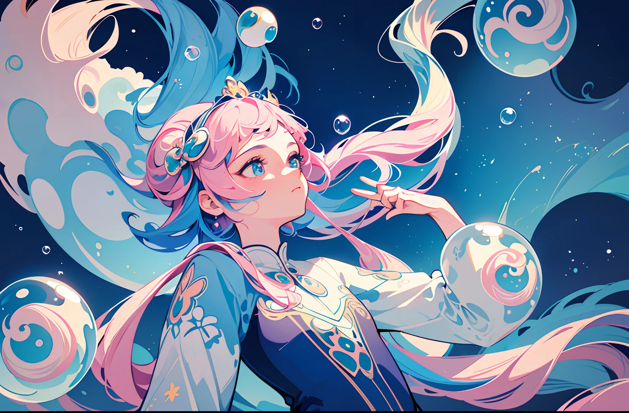((Masterpiece)), ((Ultra Detailed)), ((Best Quality)), Beautiful Detailed Eyes, Detailed Face, Best Lighting, Best Shadows, 1 Girl, Solo, ((Classic Disney Style, Edge Lighting, Flat 2D Style, Disney 2D)), ((The main colors are pink and blue)), Huge Bubbles, (Girl Inside Bubbles:1.5), Bubble Island, Bubble Land, World Made of Bubbles, Freckles, Cold Nose, (((Bubbles)), Marbles, European and American cartoon inspiration, (highly detailed), vortex effect,