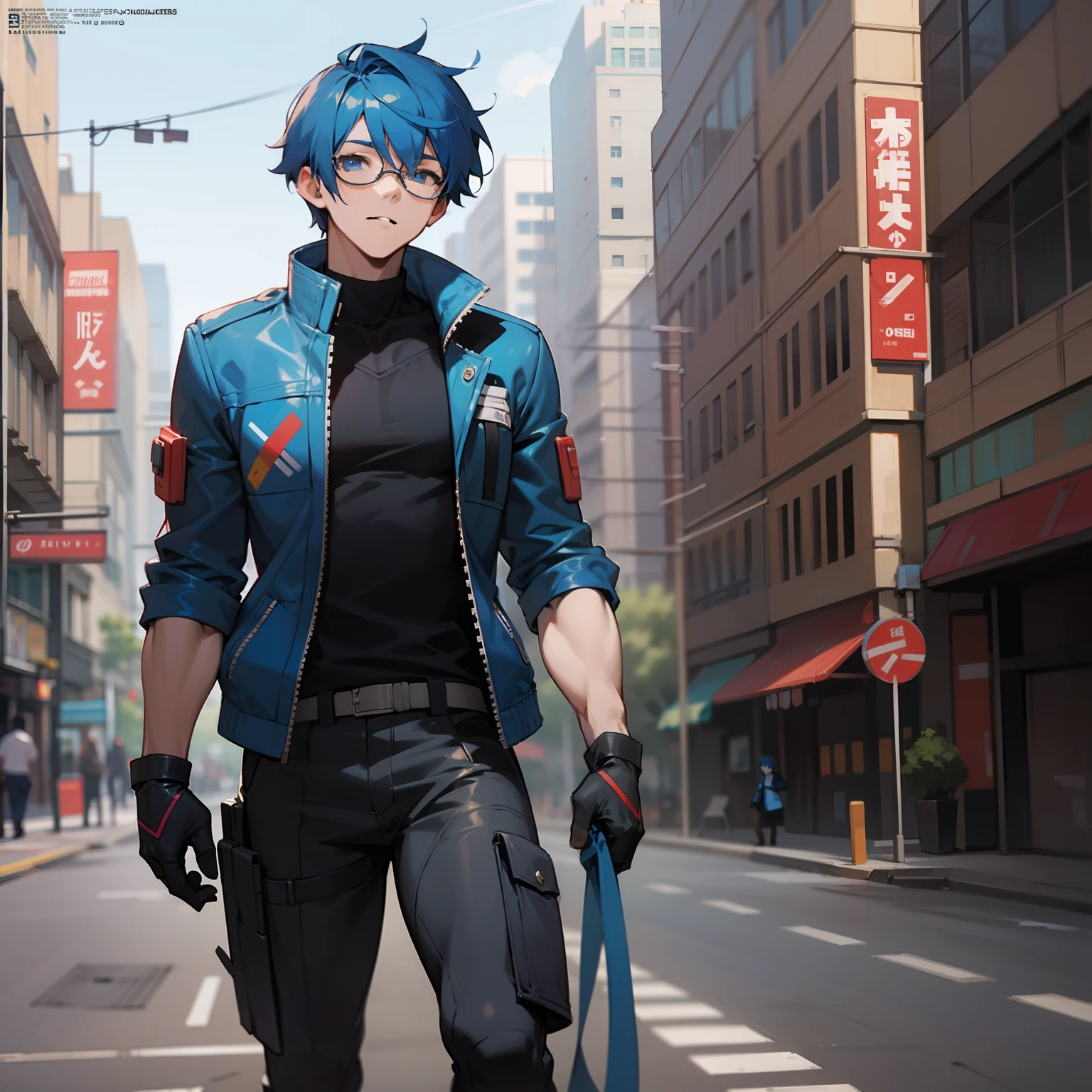 full body Esbian　Glasses, Solo Magazine Pixie Cut, Blue eyes, Blue Leather Jacket, Plain Black Neck Warmer T-Shirt, Blue hair, Anime Man,male anime characters,  (Apexlegends) , Male Action Anime Guy, Perfect man