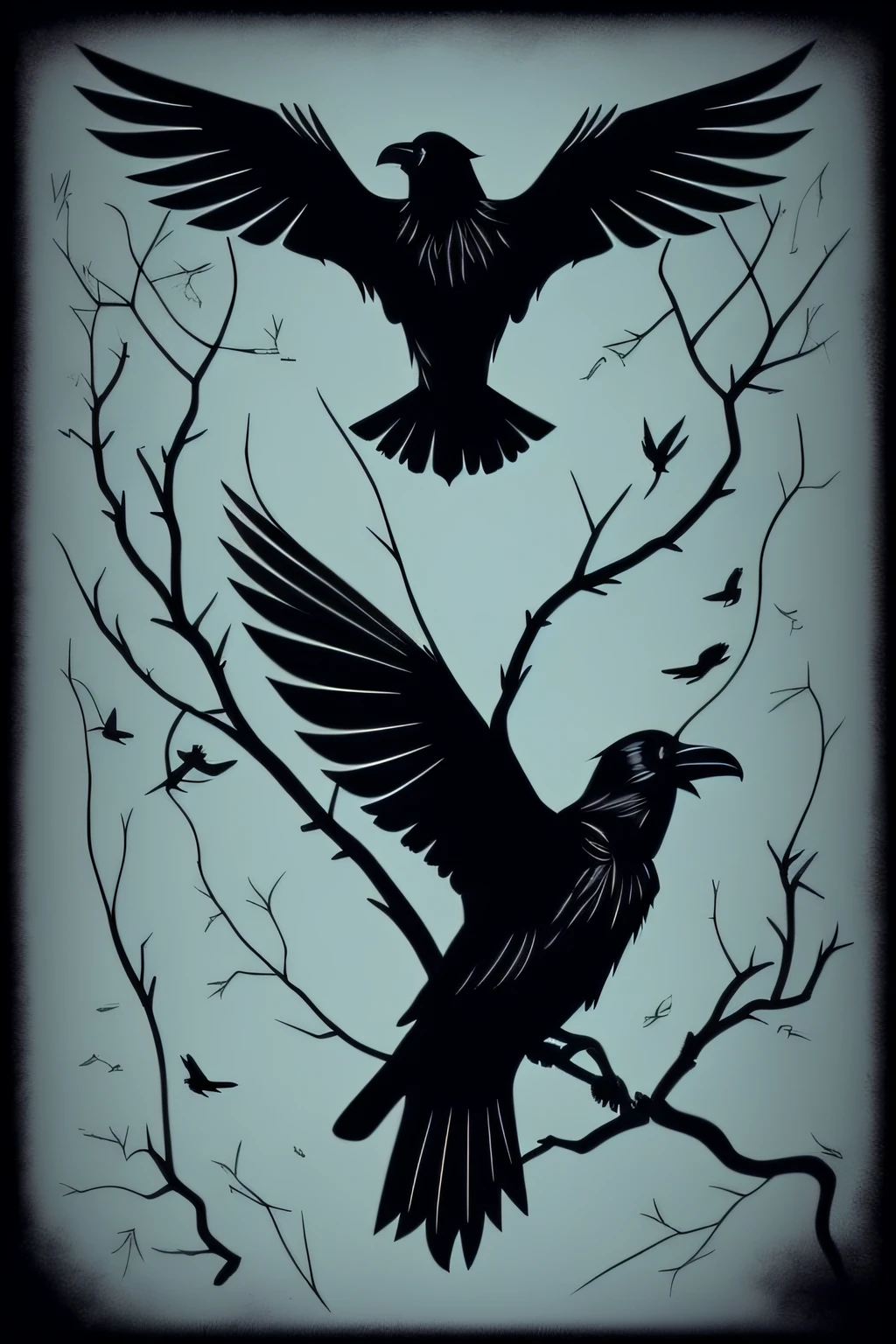 macabre artwork featuring ravens, black cats and black magic with a dark theme. Include black roses and thorns. Create a masterpiece suitable for a t-shirt print. Avoid including any humans or objects in the background.