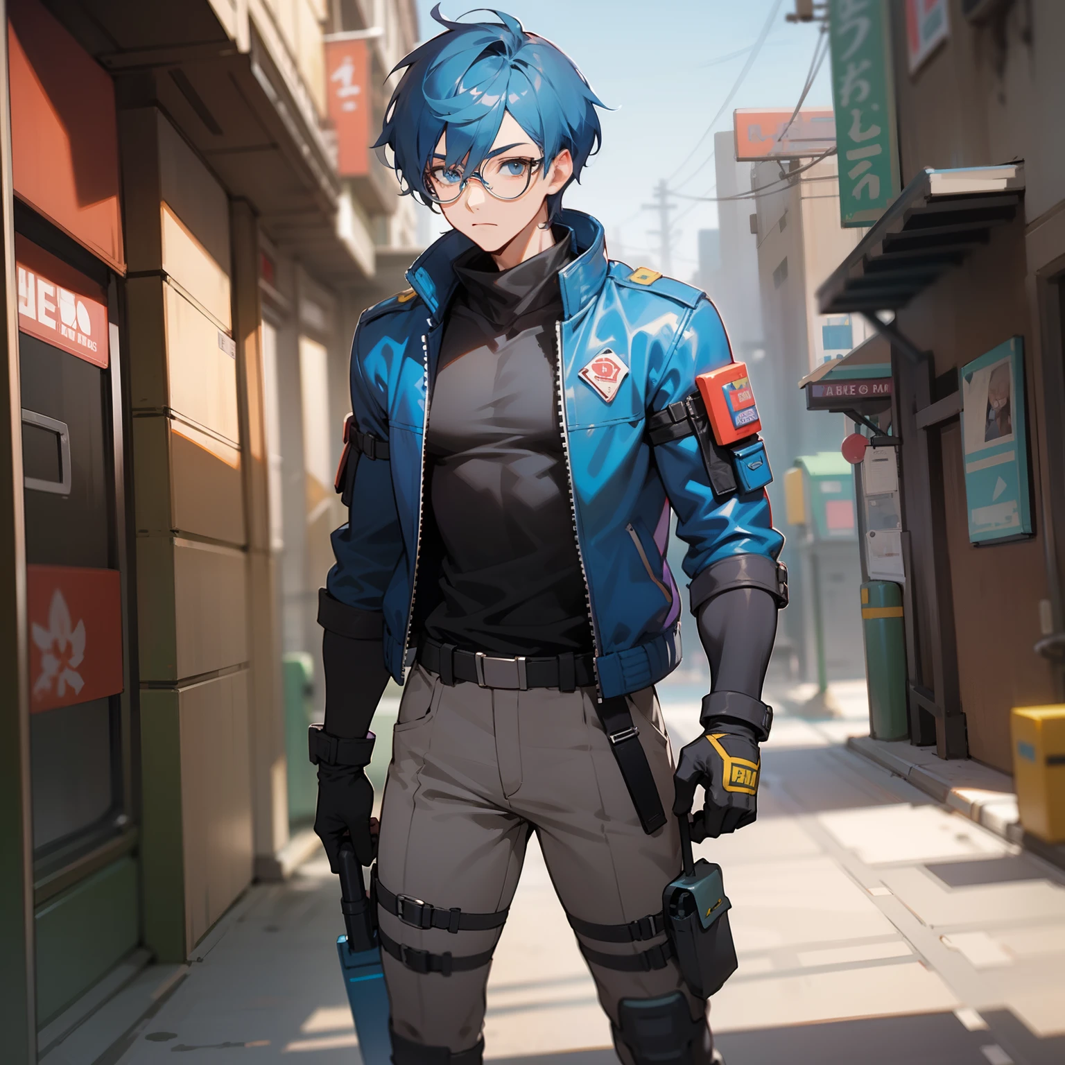 full body Esbian Glasses, Solo Magazine Pixie Cut, Blue eyes, Blue Leather Jacket, Plain Black Neck Warmer T-Shirt, Blue hair, Anime Man,male anime characters, (Apexlegends) , Male Action Anime Guy, Perfect man