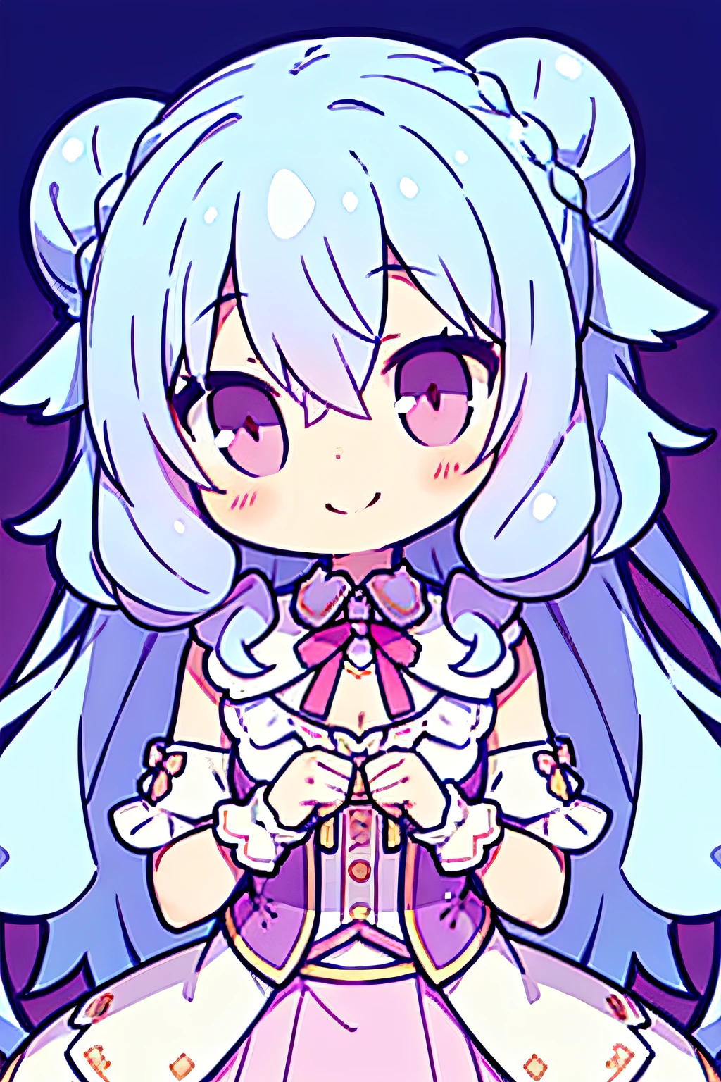 1girl, young girl, solo, blush, (light blue hair), ((curly hair)), (very long hair), double bun hair, purple eyes, ((a flat chest)), ((no chest)), white short cape, purple skirt, Put one's hands together smiling, ((detail face)), 8k, super detail, masterpiece, high quality, high resolution, high detail, high face detail, HD quality, low school student