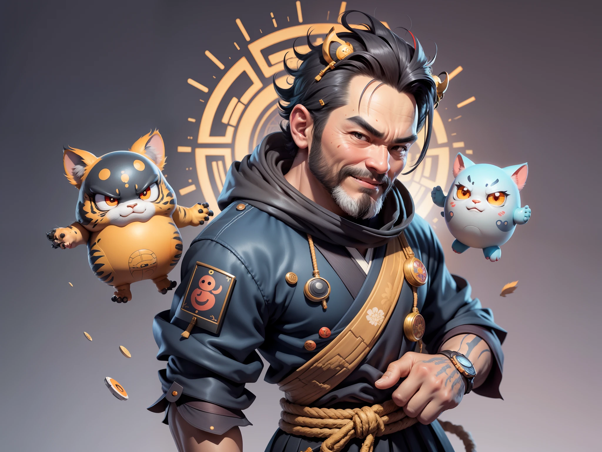(Daisaku),(Need),(Super meticulous),(full bodyesbian:1.2),Super young man with Japanese geisha,Beautiful,orient,one tiger,Aeolian Thor,Raised sexy,爆乳,Oriental face,TV Anchor,Bust portrait illustration,In black suit,a blue tie,The face is slightly chubby,The face was clean,without a beard,Black super short hair,Black eyes,Smile confidently,3C computer sub-products,iPad, iphone,Digital painting,3D character design by Mark Clairen and Pixar and Hayao Miyazaki and Akira Toriyama,The illustration is a high-definition illustration in 4K resolution,With very detailed facial features and cartoon-style visuals。