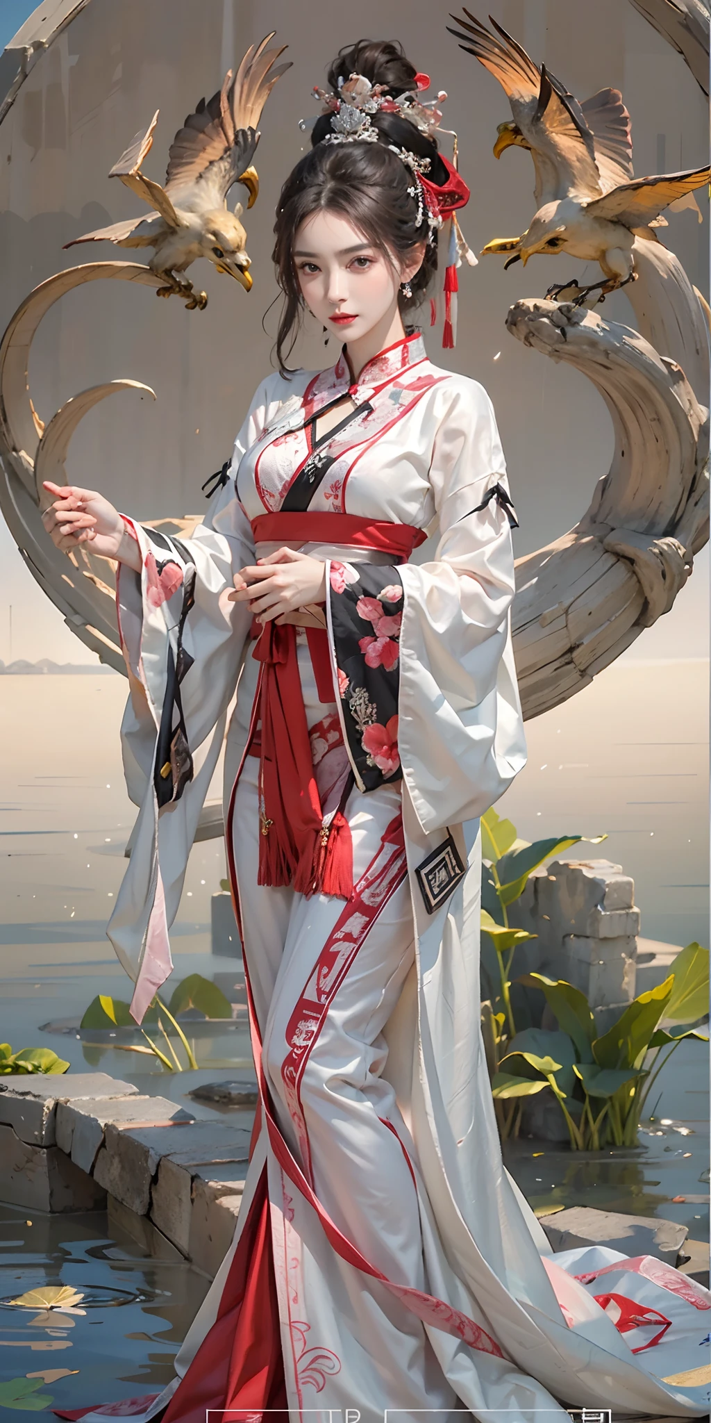 1 adult empress wearing a red lace top, deep-breasted nightgown, Chinese-style clothes, ancient costumes with many phoenix patterns, flawless pink and white face, crowned head, hip-length black hair , very beautiful and sharp brown eyes, small red lips, painted lips, closed mouth, jewelry worn around the neck, earrings, white and even teeth, high nose, big round breasts, the girl's body is covered with water on chest, long legs, thin mesh black socks, portrait, most realistic, highest quality, best pixels, 8k ultra , (clear super big moon background: 1.8)