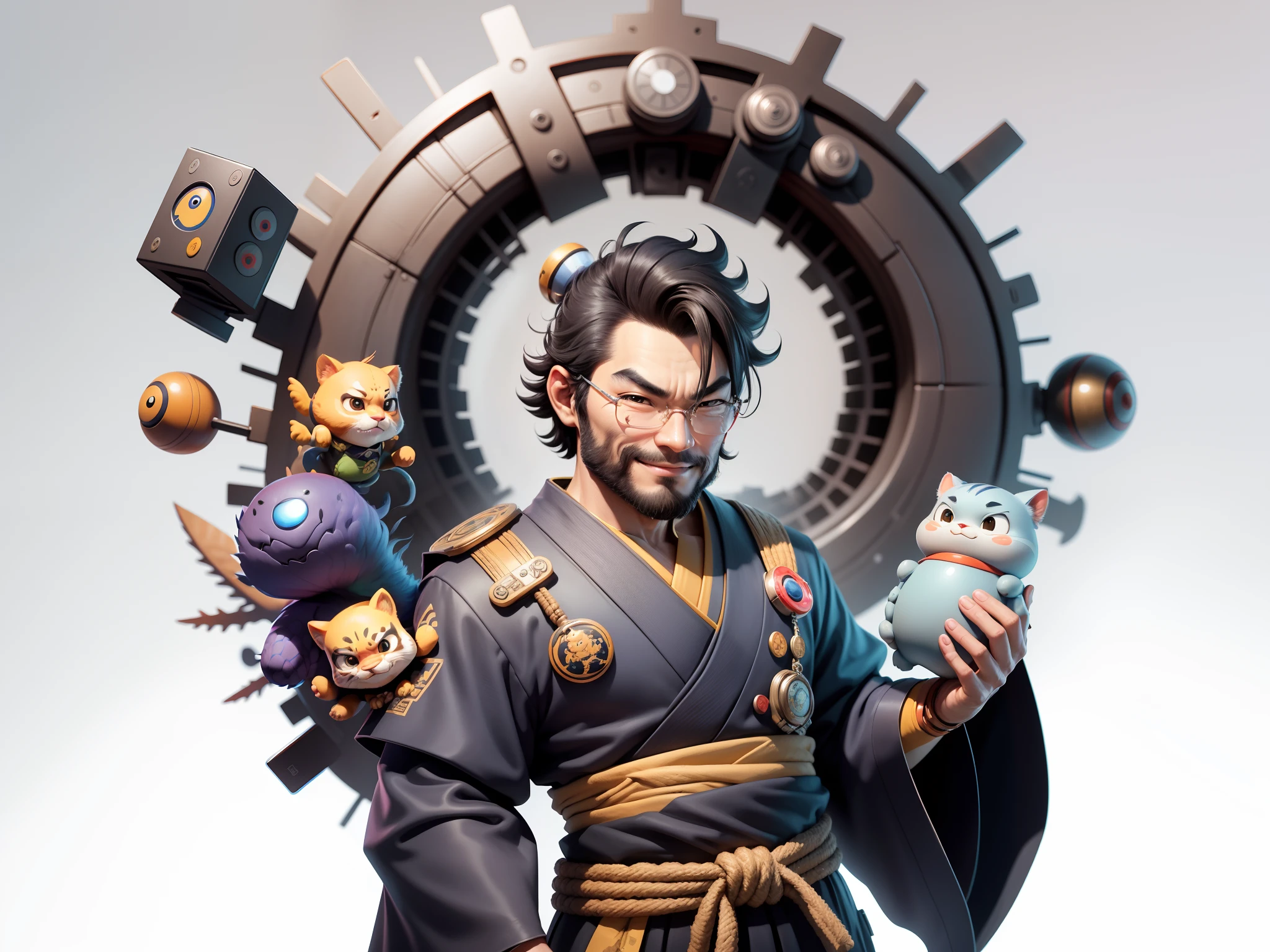 (Daisaku),(Need),(Super meticulous),(full bodyesbian:1.2),Super young man with Japanese geisha,Beautiful,orient,one tiger,Aeolian Thor,Raised sexy,爆乳,Oriental face,TV Anchor,Bust portrait illustration,In black suit,a blue tie,The face is slightly chubby,The face was clean,without a beard,Black super short hair,Black eyes,Smile confidently,3C computer sub-products,iPad, iphone,Digital painting,3D character design by Mark Clairen and Pixar and Hayao Miyazaki and Akira Toriyama,The illustration is a high-definition illustration in 4K resolution,With very detailed facial features and cartoon-style visuals。