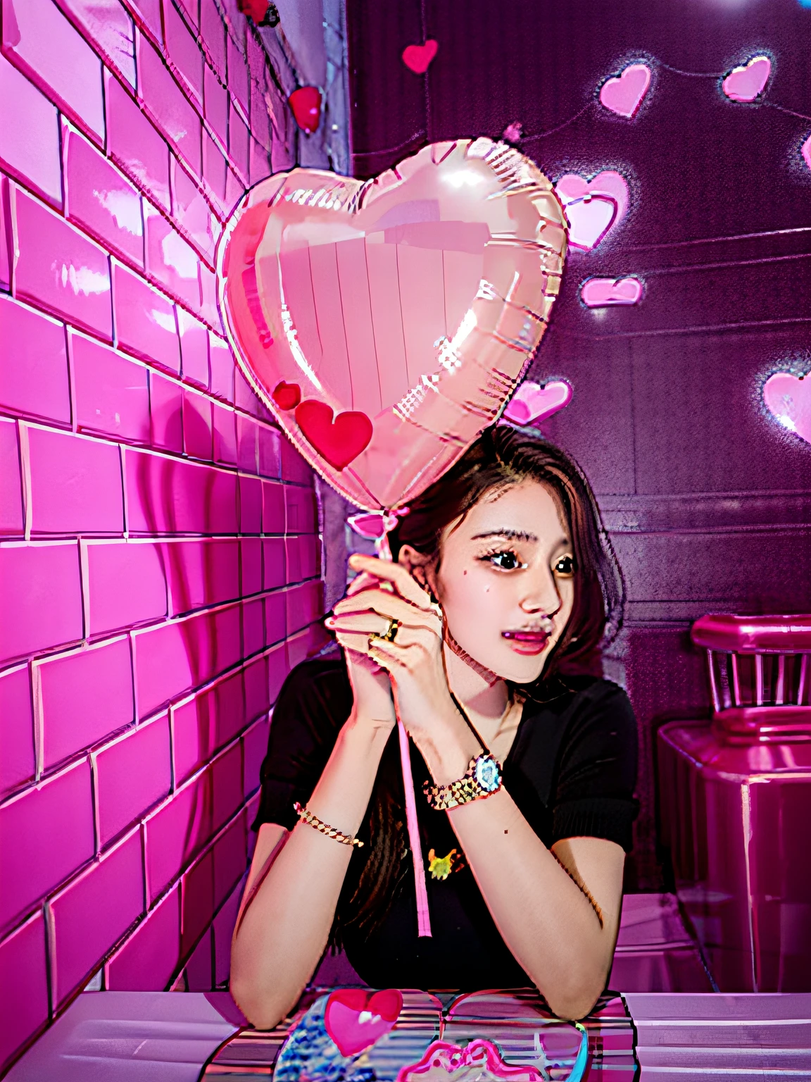 There was a 19-year-old girl holding a pink heart-shaped balloon。,Charming，gentleness，Quiet，Animate