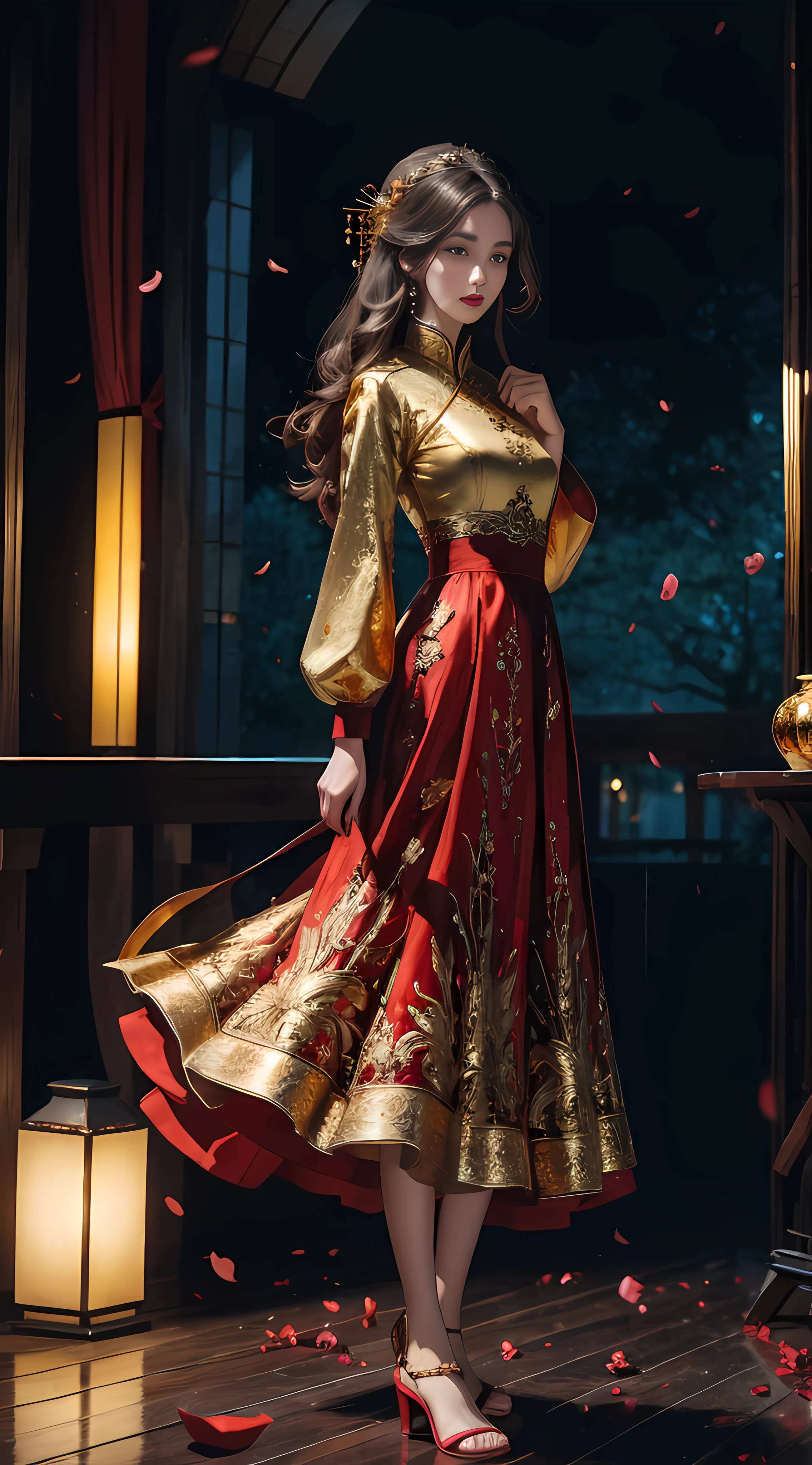 best quality, masterpiece, highres, (exquisite body:1.5),gorgeous face,(milky skin:1.3),intricate details,high resolution,wallpaper,
1girl, solo, dress, hair ornament, (((gold and red dress))), flowers, long hair, brown hair, closed mouth, jewelry, long sleeves, hand up, wide sleeves, big eyes,floating hair, chinese clothes, hanfu, embroidery, long skirt, natural pose, falling petals, indoor,fanning, lantern,
16K,HDR,highres,depth field,(film grain:1.1),boken,golden hour,(lens flare),vignette,rainbowing,(color grading:1.5)
