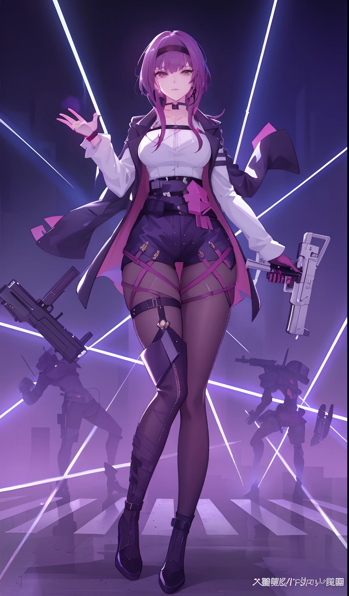 A woman in a short skirt and jacket holding a gun, Style Artgerm, cyberpunk femme fatale, anime cyberpunk art, Guviz-style artwork, cyberpunk anime girl, Extremely detailed Artgerm, Guviz, female cyberpunk anime girl, Digital cyberpunk anime art, kda, art-style, IG model | Art germ