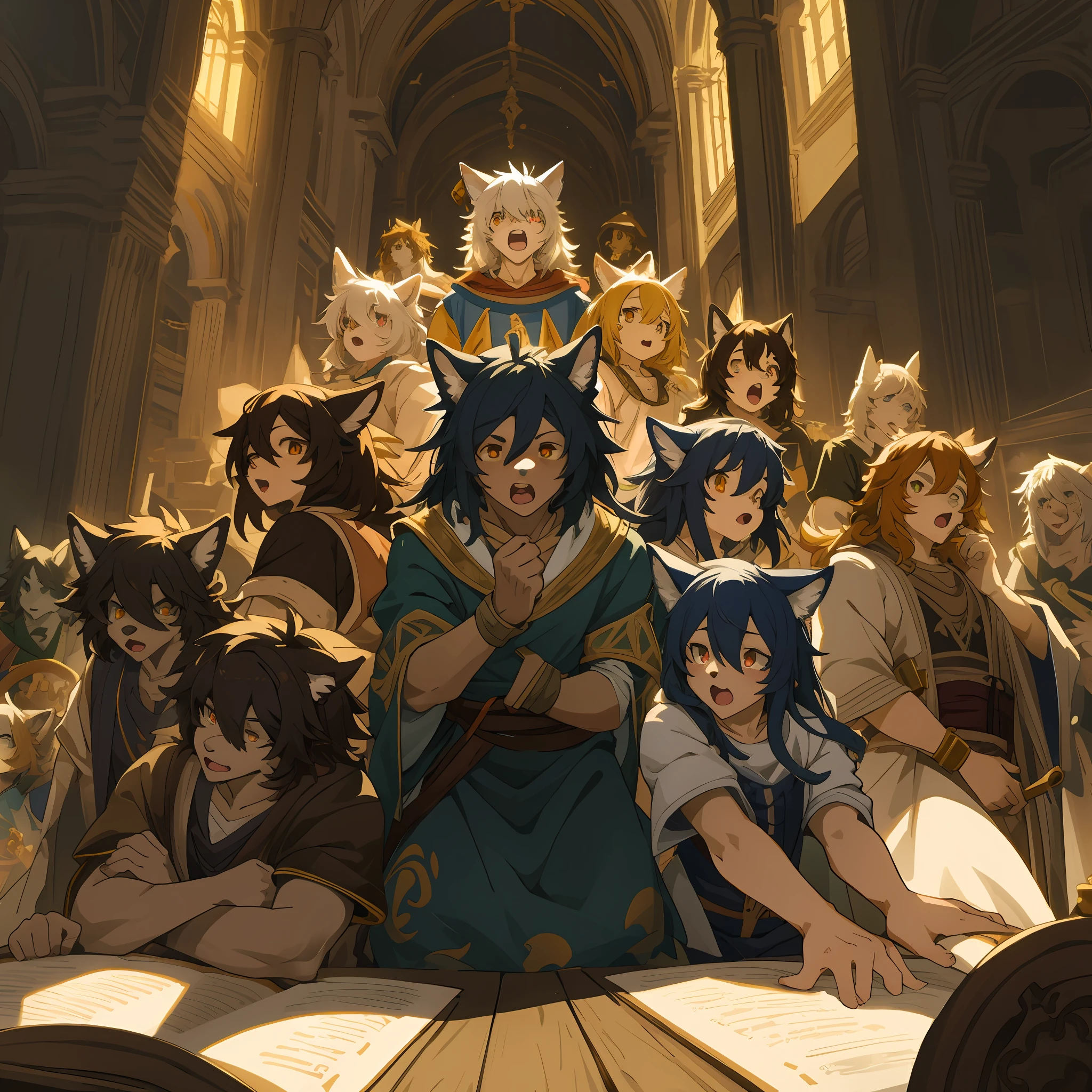 top quality, best quality, High-quality illustrations, masterpiece, super high resolution, detailed background, Judas Iscariot, 6+boys, 6+girls, absurdres(highly detailed beautiful face and eyes)perfect anatomy, expression, good lighting, cinematic shadow(kemono, furry anthro)assorted poses, dynamic angle,