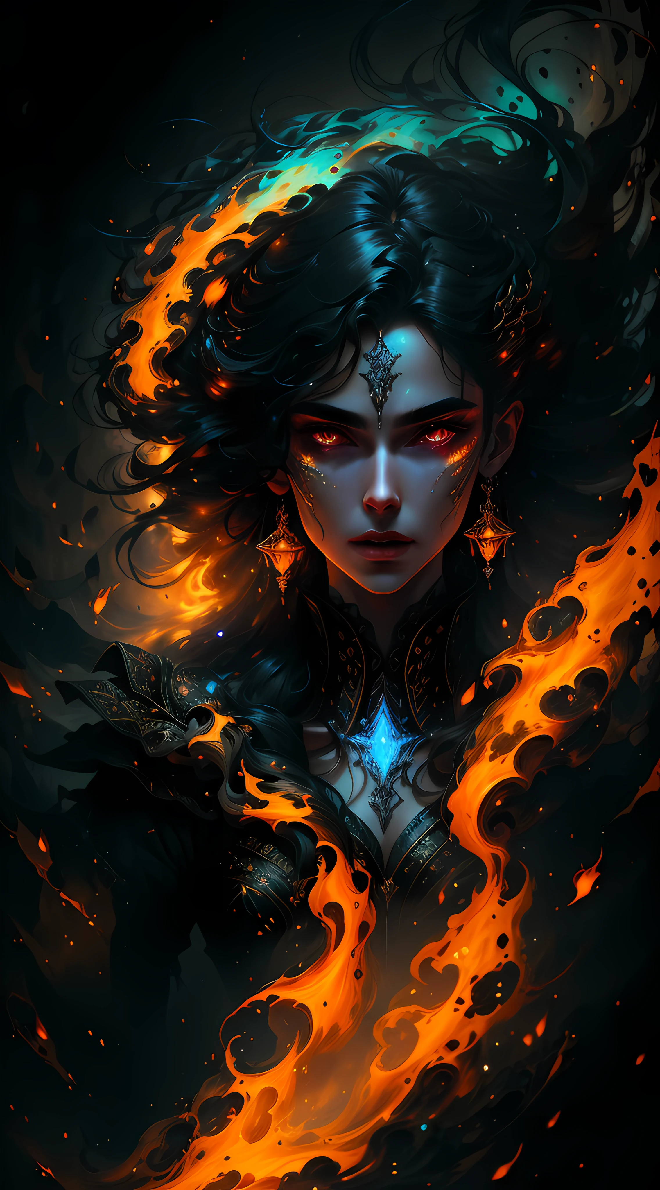 The witch of the demon who casts the fire spell, Beautiful, Highly detailed, Hyperrealistic, Cinematic lighting, Dark, space backdrop, Soft cinematic lighting, (back lit lighting:1.2), (full bloom:1.2), (glittery:1.1), (color difference:1.2), Sharp focus, High contrast