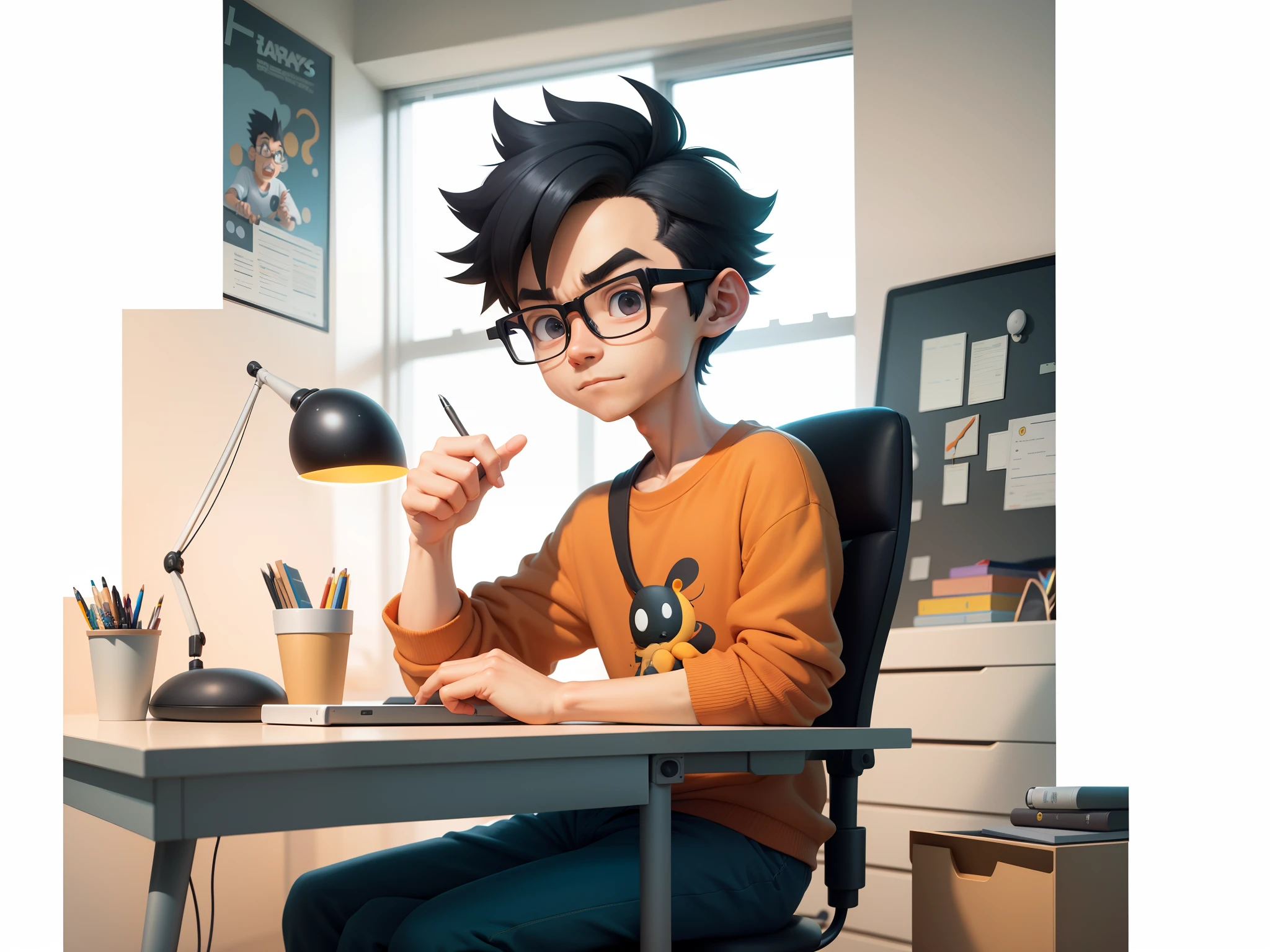 A young man with glasses sits at his desk,holding laptop,digitial painting,3D character design by Mark Clairen and Pixar and Hayao Miyazaki and Akira Toriyama,4K HD illustration,Very detailed facial features and cartoon-style visuals。
