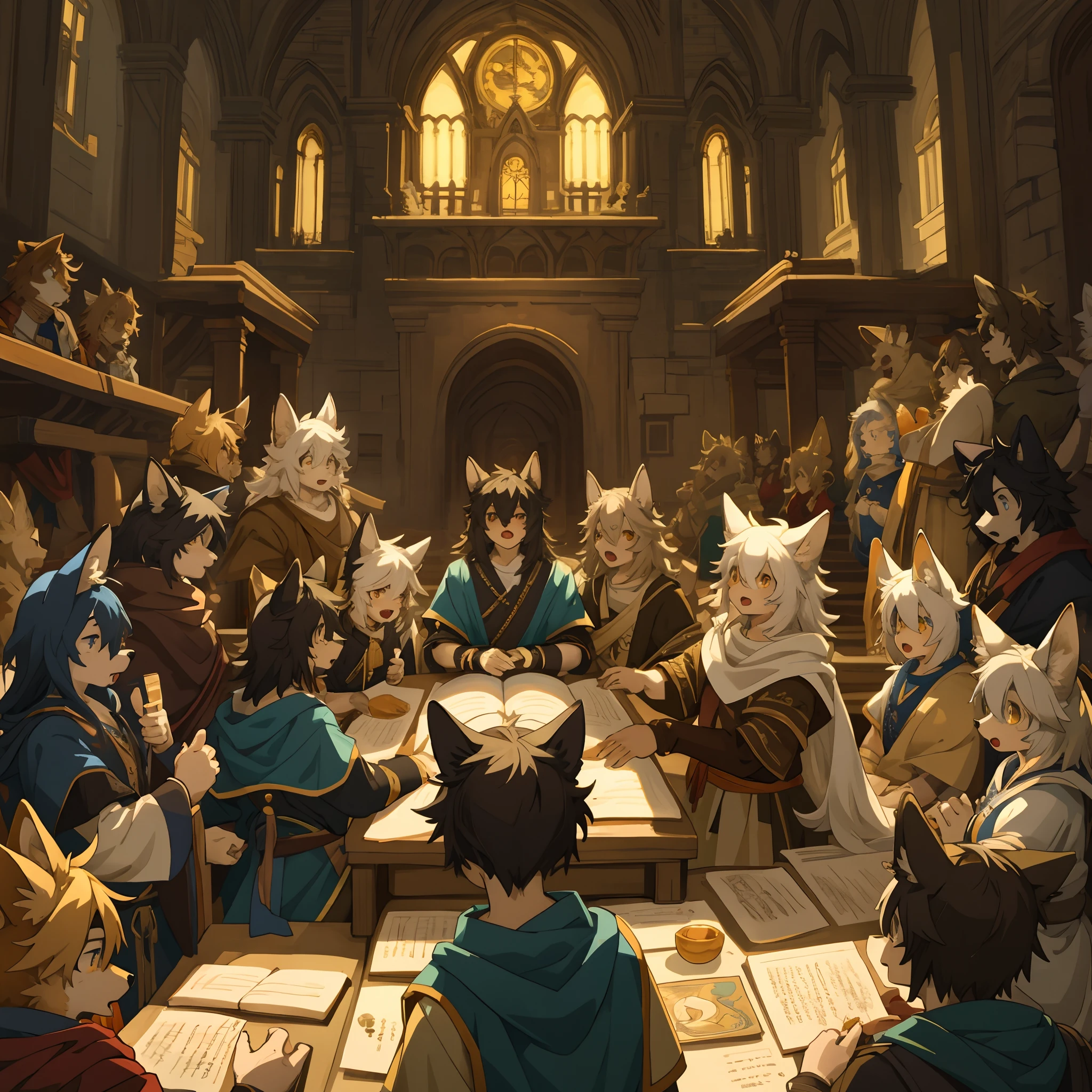 top quality, best quality, High-quality illustrations, masterpiece, super high resolution, detailed background, Judas Iscariot, 6+boys, 6+girls, absurdres(highly detailed beautiful face and eyes)perfect anatomy, expression, good lighting, cinematic shadow(kemono, furry anthro)assorted poses, dynamic angle,