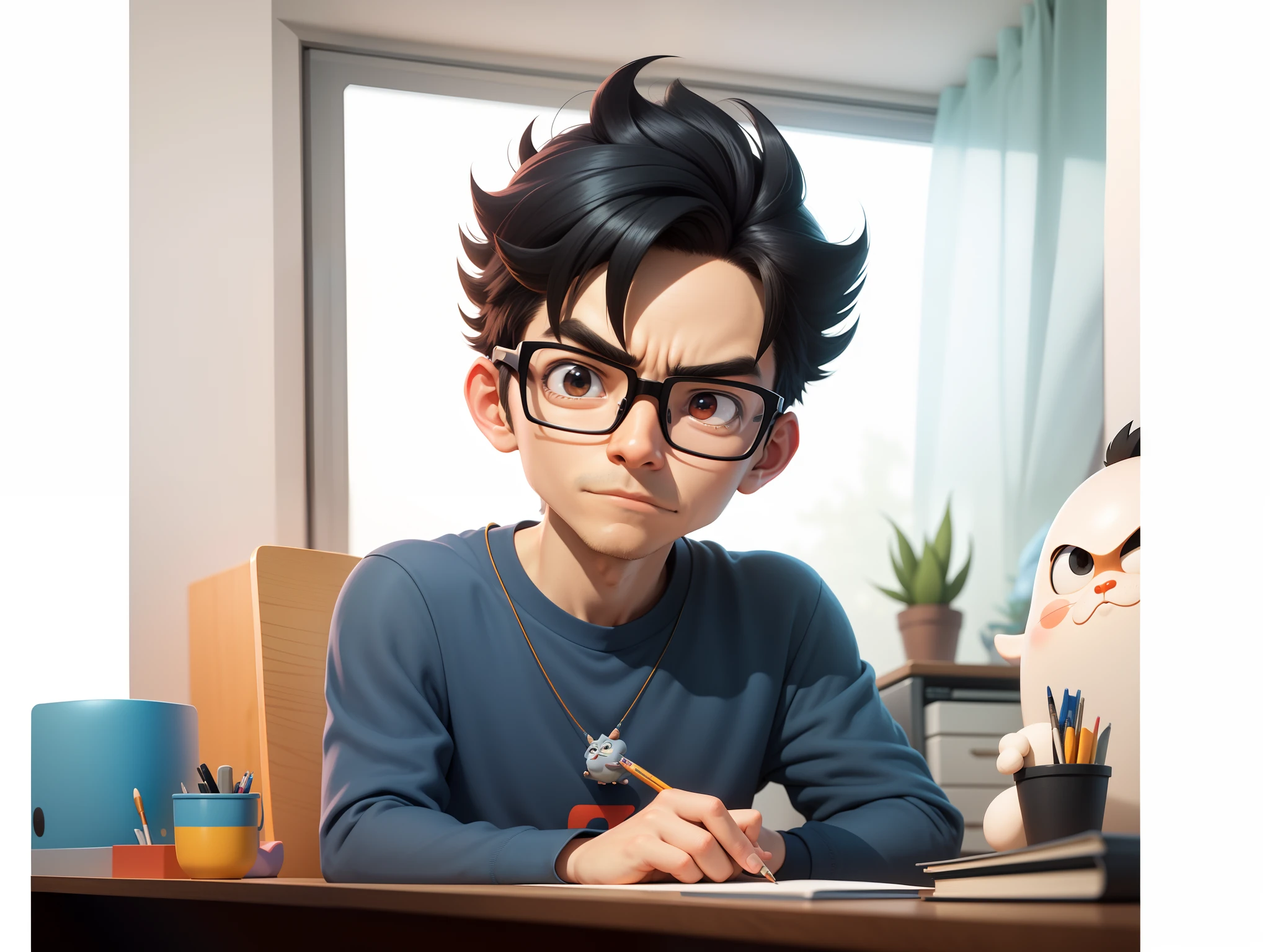 A young man with glasses sits at his desk,holding laptop,digitial painting,3D character design by Mark Clairen and Pixar and Hayao Miyazaki and Akira Toriyama,4K HD illustration,Very detailed facial features and cartoon-style visuals。