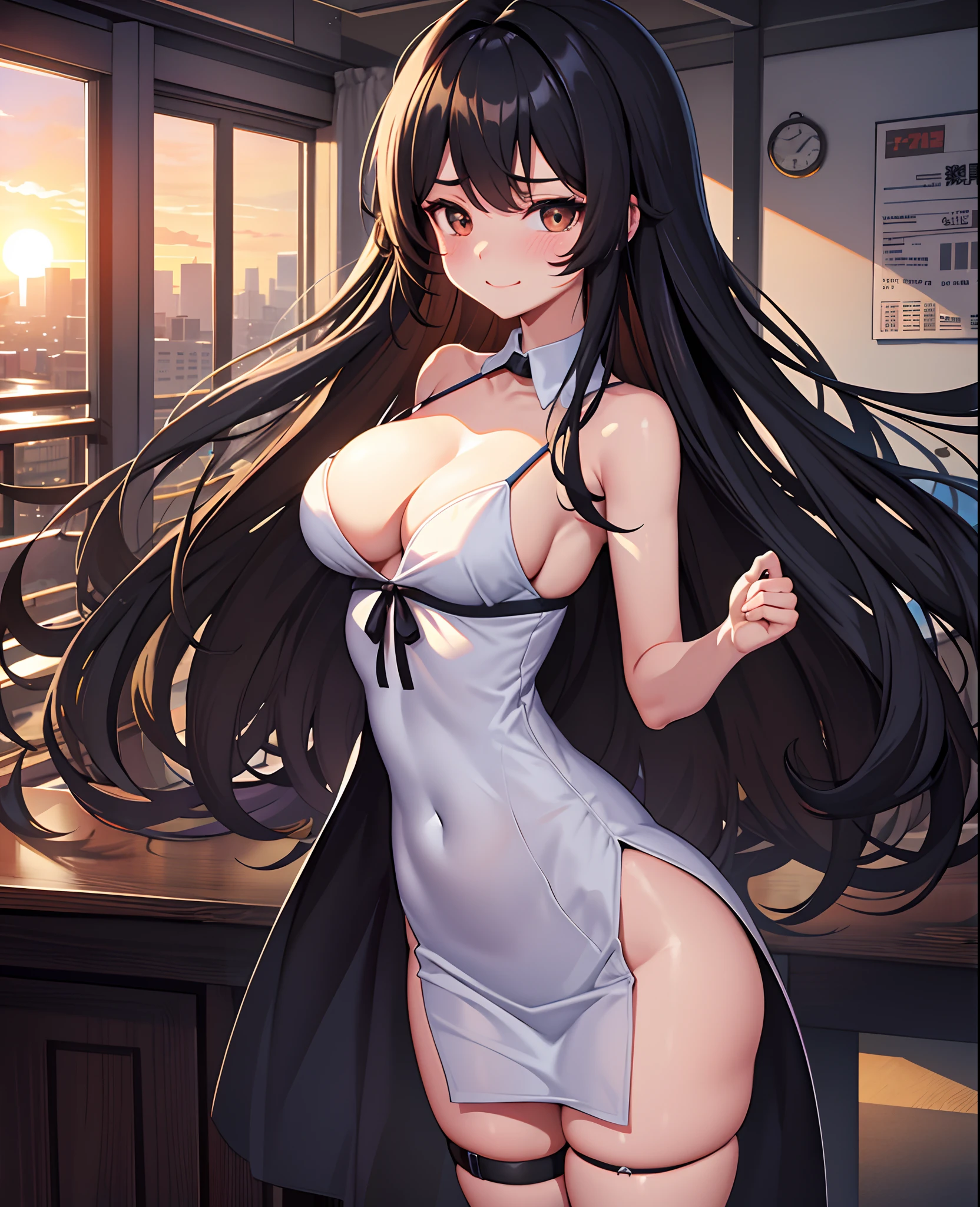 tmasterpiece,best qualtiy,(1 faceless boy:1.3),(The boy scratches his chest:1.1),1个Giant Breast Girl。(校服:1.2),cabelos preto e longos,with brown eye,(Classroom:0.8),(the sunset:0.7),(Extra large breasts:1.0),(Sad smile:0.8)