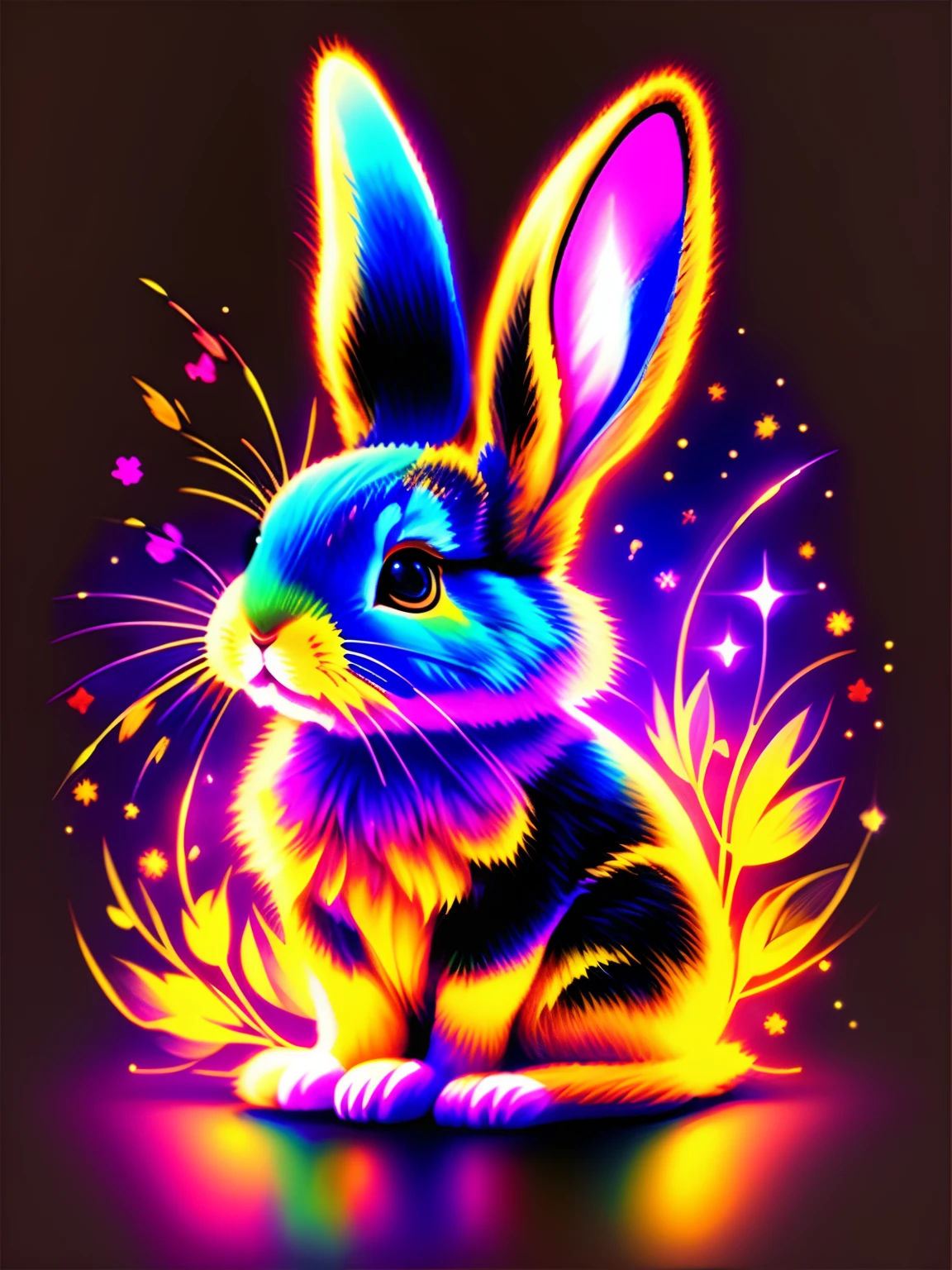 A painting of a colorful rabbit on a black background,breath-taking rendering,Within a radiant connection,Inspired by Kinuko Y. Craft,,Magical elements,Bunny icon,much wow,It's beautiful,Cast colorful spells,Bright flash,flash lights