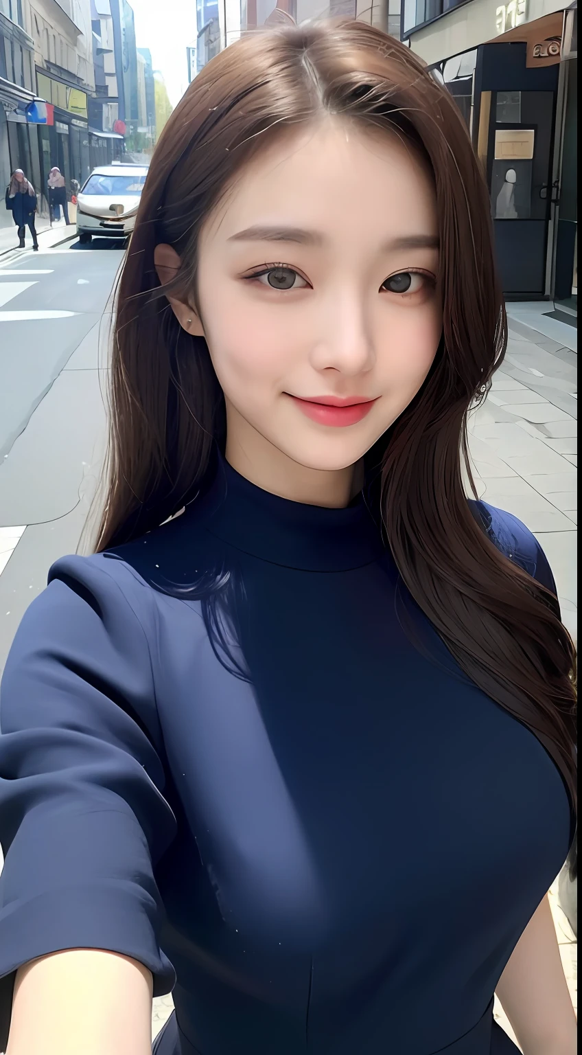 ((top-quality、8k、masterpiece:1.3))、1girl in、a smile、full bodyesbian、Slim Faces、Pretty women、(dark brown hair)、Full-length dresses:1.1、hyperdetailed face、A detailed eye、二重まぶた、blured background、Slim Faces、城市、takeout、a street、Human-like