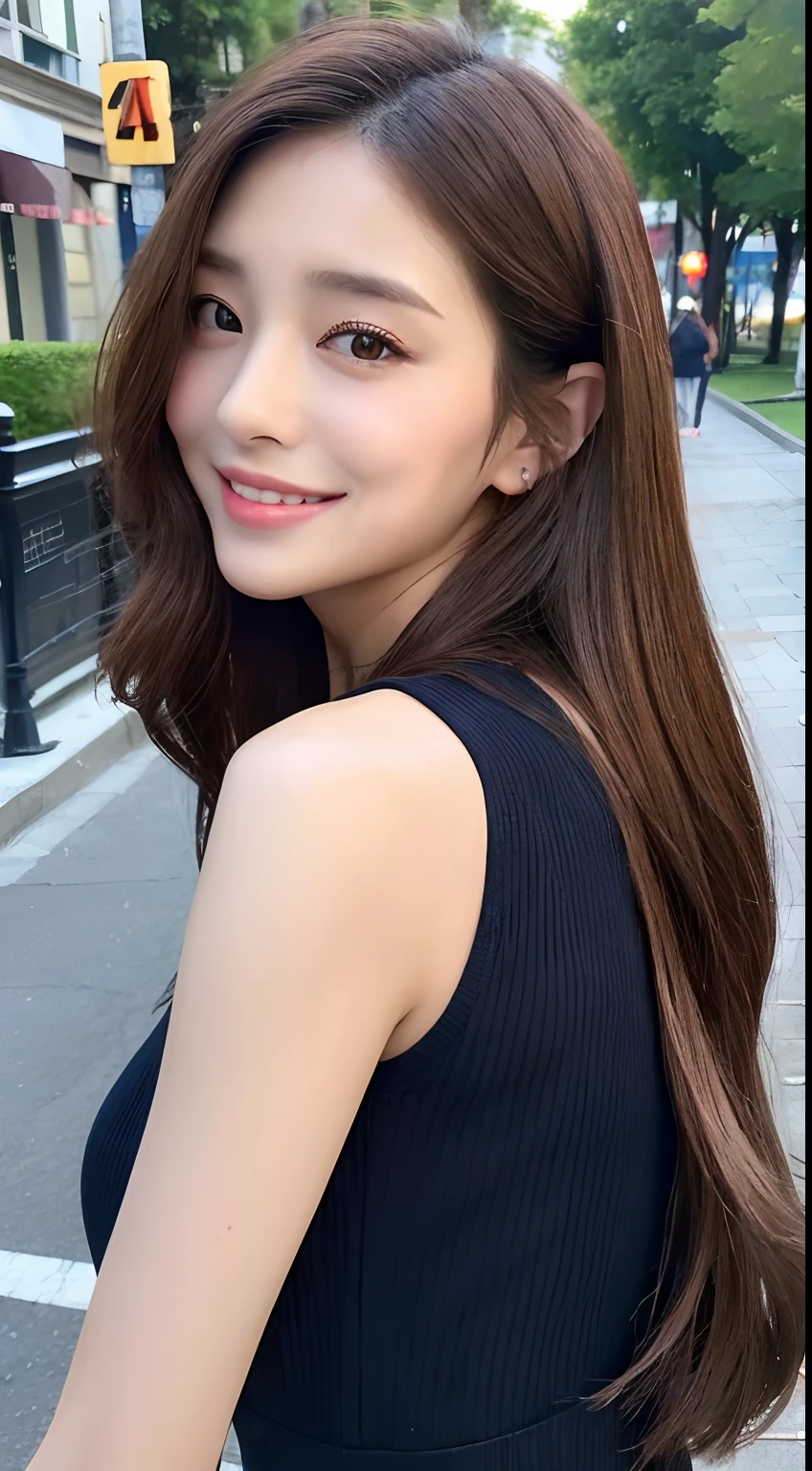 ((top-quality、8k、masterpiece:1.3))、1girl in、a smile、full bodyesbian、Slim Faces、Pretty women、(dark brown hair)、Full-length dresses:1.1、hyperdetailed face、A detailed eye、二重まぶた、blured background、Slim Faces、城市、takeout、a street、Human-like