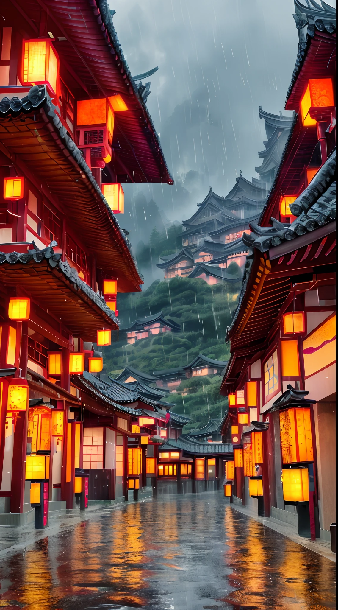 arafed view of a village with a lot of lights on the buildings, dreamy chinese town, chinese village, amazing wallpaper, japanese town, japanese village, hyper realistic photo of a town, old asian village, japanese city, by Raymond Han, rainy evening, cyberpunk chinese ancient castle, beautifully lit buildings, at evening during rain, beautiful and aesthetic, photography, cinematic, 8k, high detailed ((Heavy rain)))