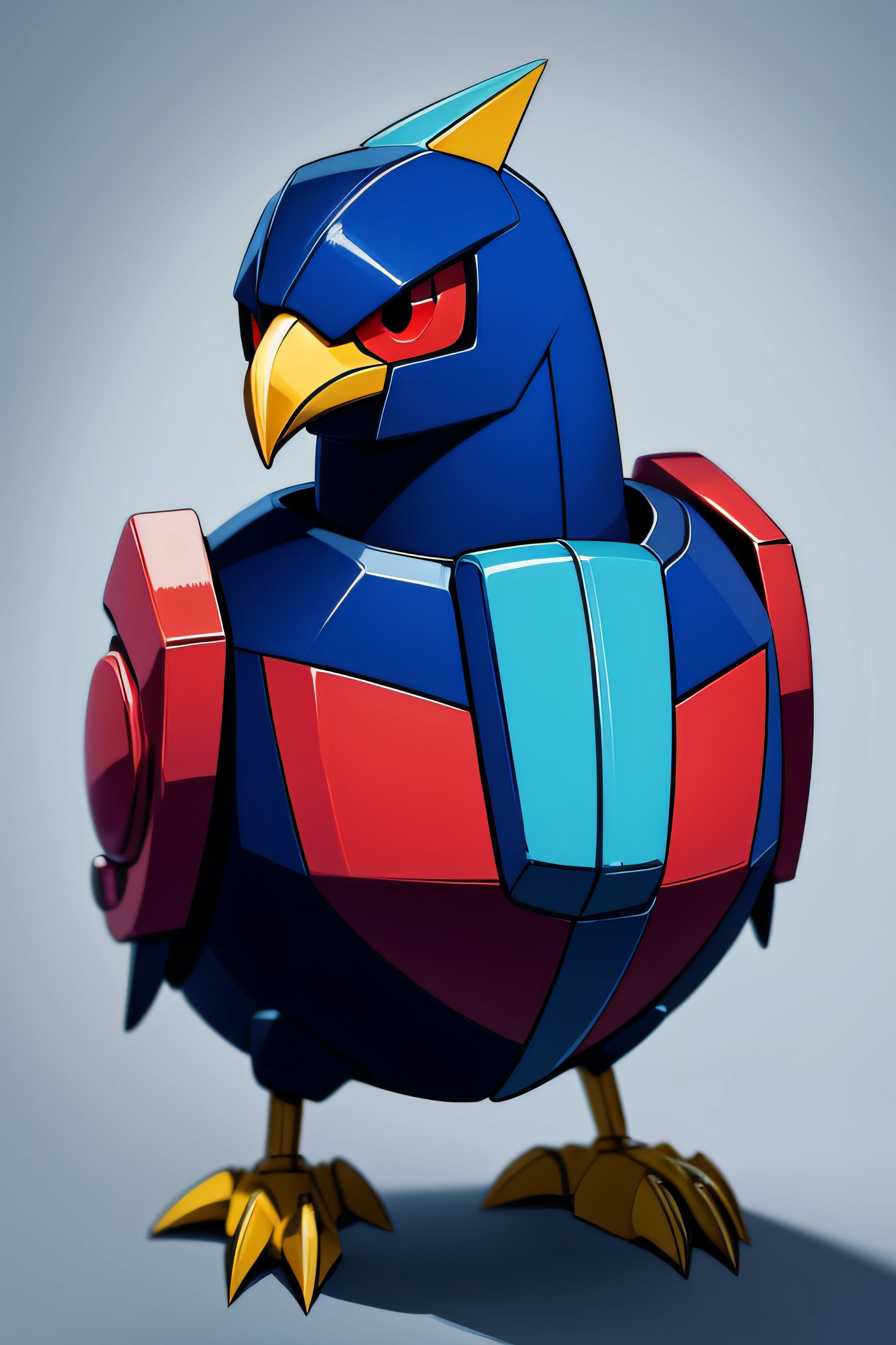 Avian animal morphology，(Hand drawn cartoon style)，(No shadow effect)，(best qualtiy)，Looks like a transformer，Q version image，Red-blue robot，bird head