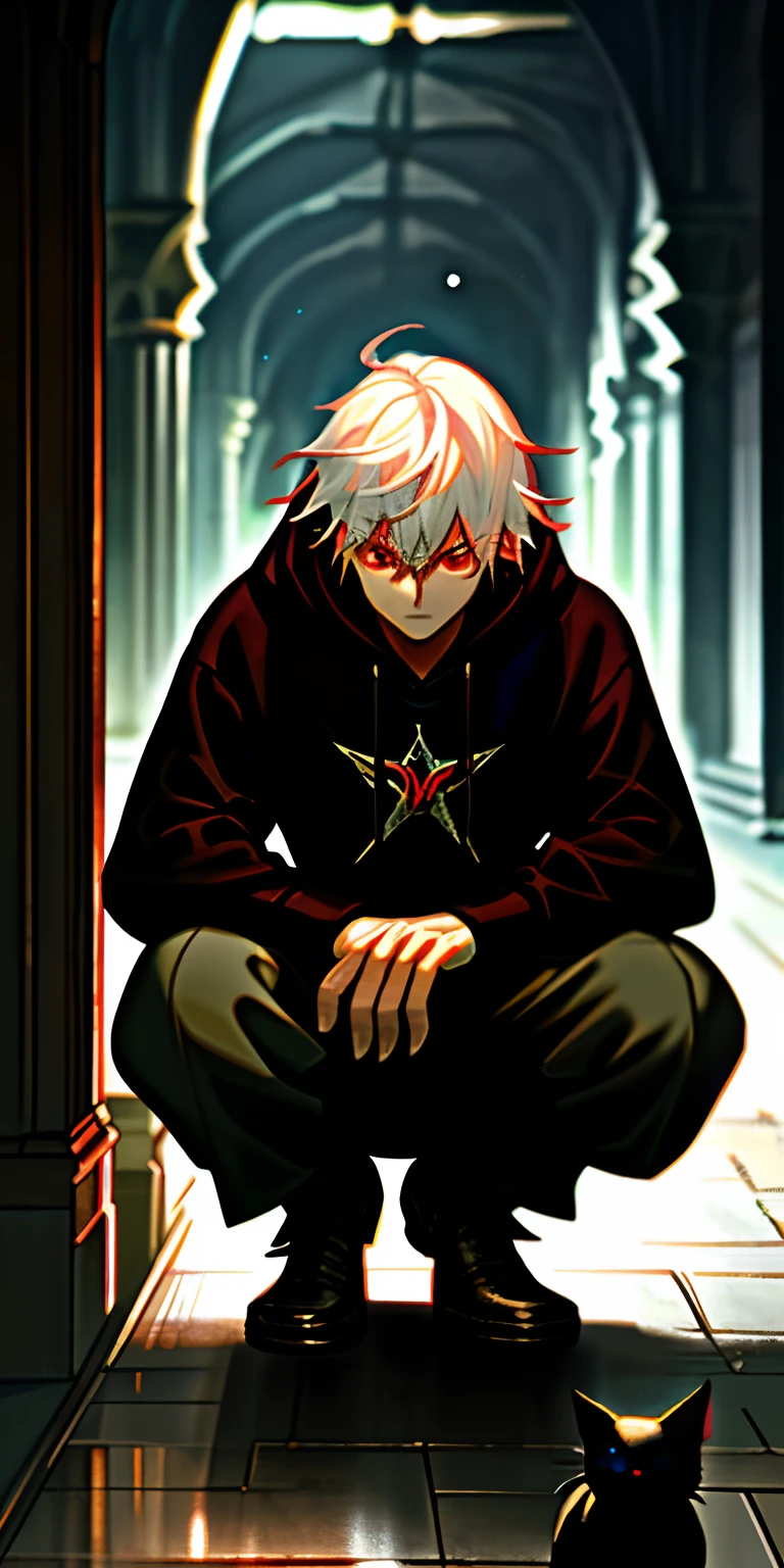(best qualtiy,tmasterpiece),In the dark cloister,On one knee squats a boy with red eyes and white hair,Petting a black cat,warmly lit,Cyberpunk sweatshirt,blur foreground。