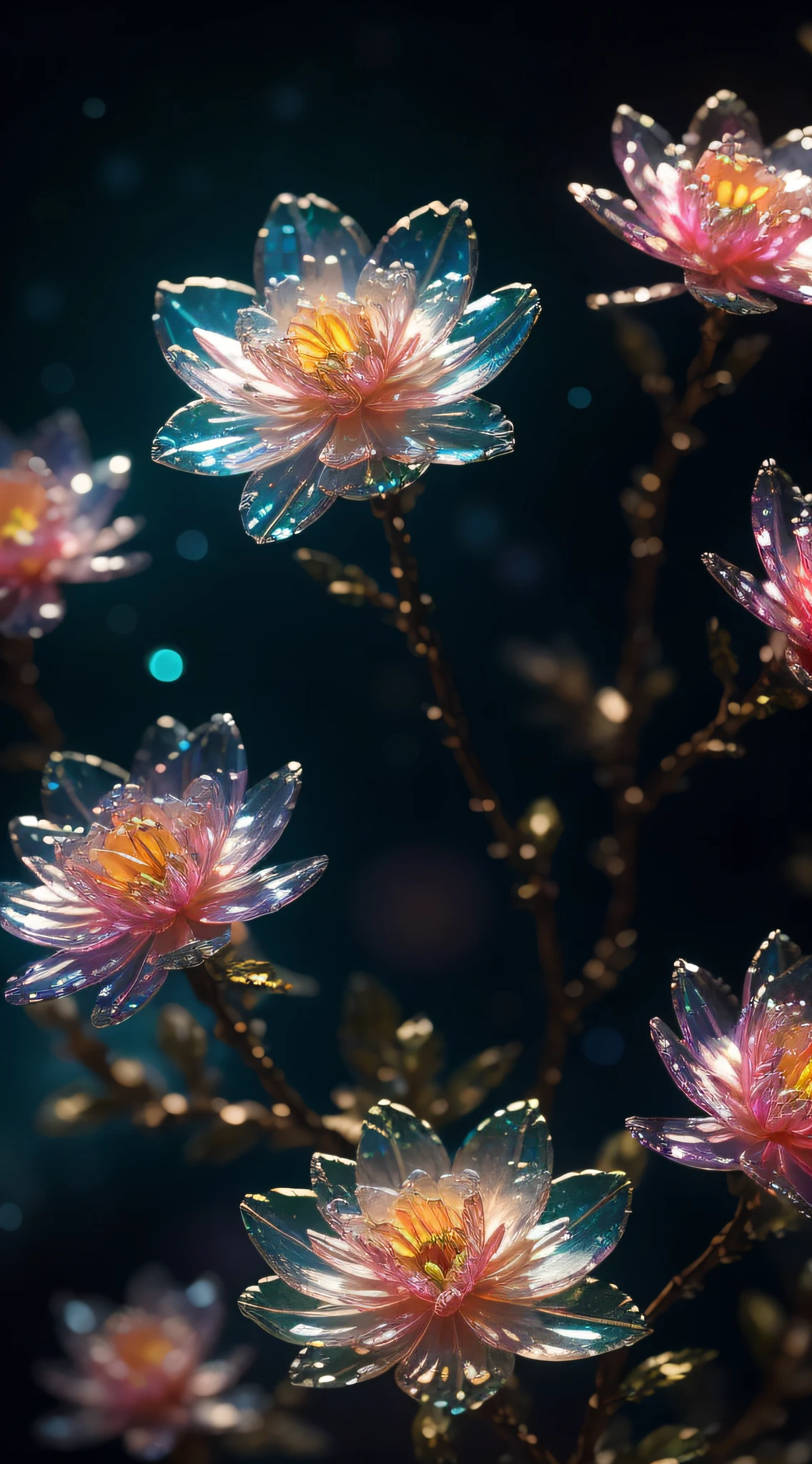 crystal spring blossom,
fantasy, galaxy, transparent, 
shimmering, sparkling, splendid, colorful, 
magical photography, dramatic lighting, photo realism, ultra-detailed, 4k, Depth of field, High-resolution