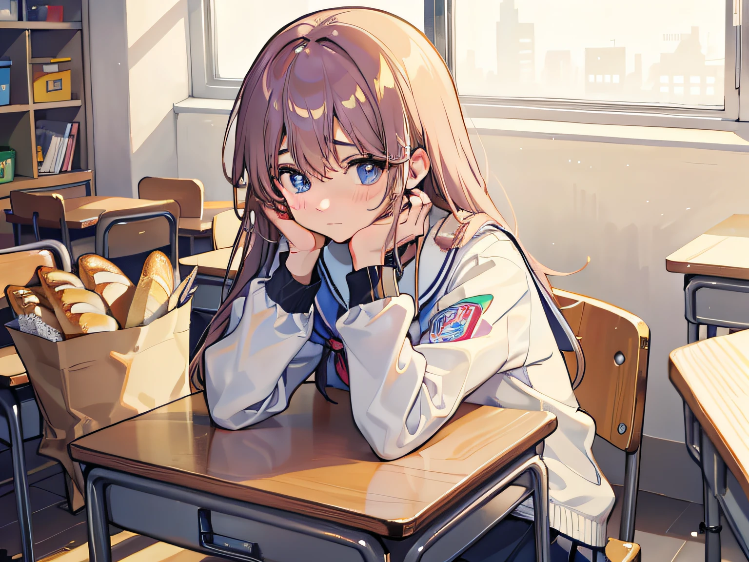 In the classroom，The girl in the same class brings you bread，A shy look