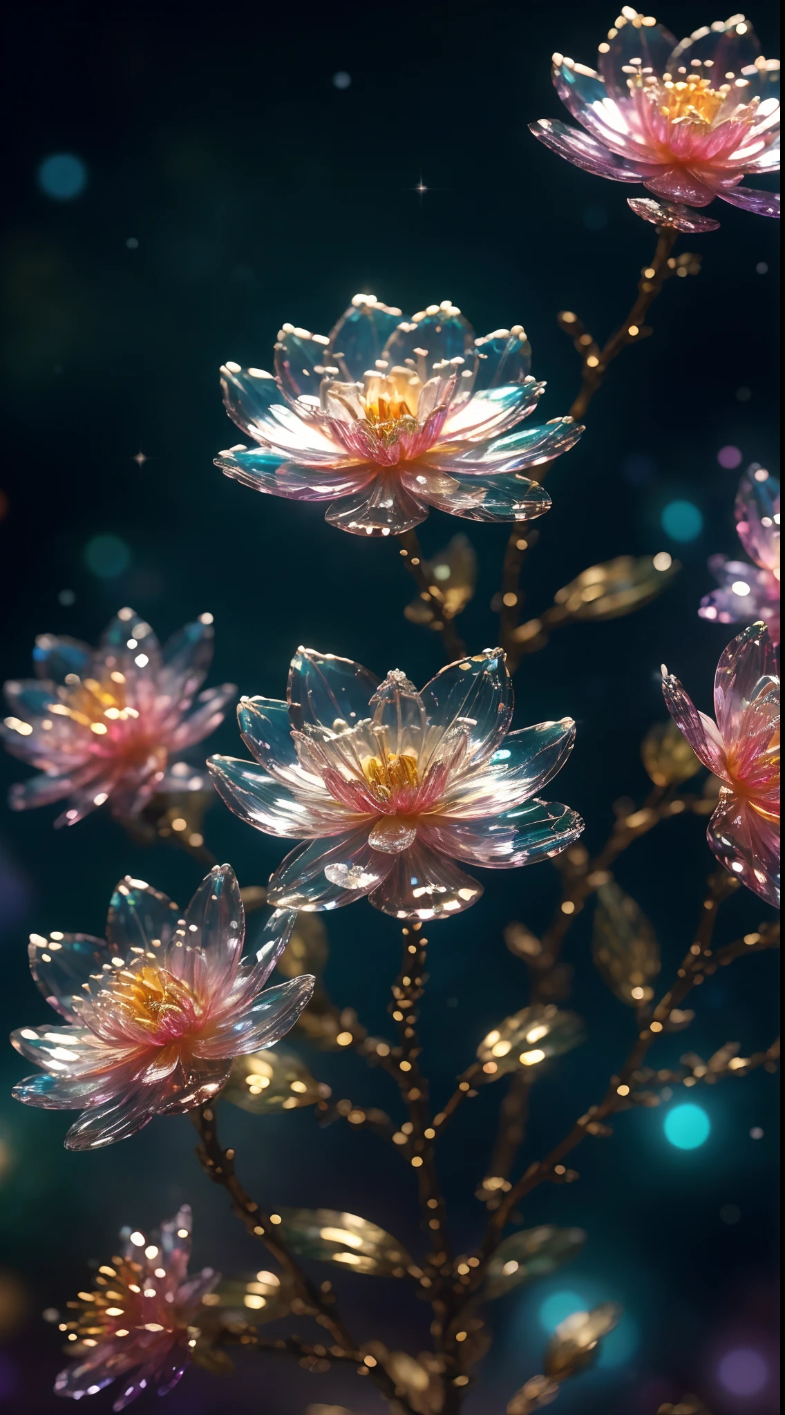 crystal spring blossom,
fantasy, galaxy, transparent, 
shimmering, sparkling, splendid, colorful, 
magical photography, dramatic lighting, photo realism, ultra-detailed, 4k, Depth of field, High-resolution