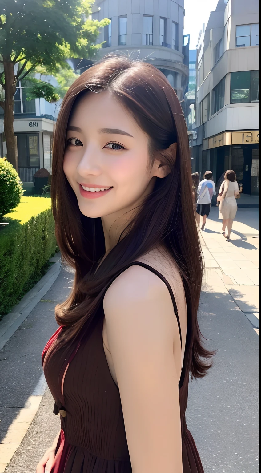 ((top-quality、8k、masterpiece:1.3))、1girl in、a smile、full bodyesbian、Slim Faces、Pretty women、(dark brown hair)、Full-length dresses:1.1、hyperdetailed face、A detailed eye、二重まぶた、blured background、Slim Faces、城市、takeout、a street、Human-like