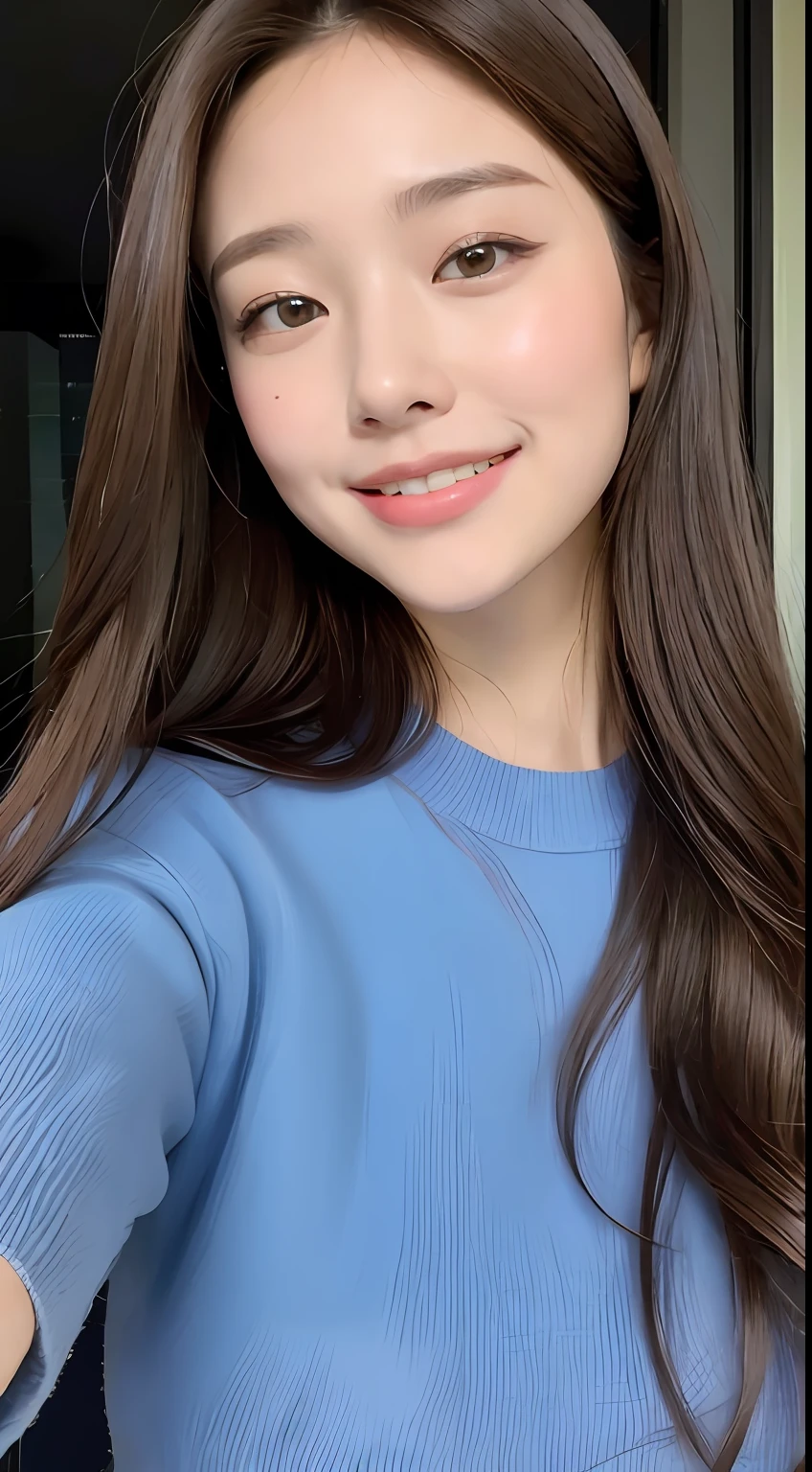 ((top-quality、8k、​masterpiece:1.3))、1girl in、a smile、full bodyesbian、Slim Faces、Pretty women、(dark brown  hair)、Full-length dresses:1.1、hyperdetailed face、A detailed eye、二重まぶた、blured background、Slim Faces、城市、takeout、a street、Human-like