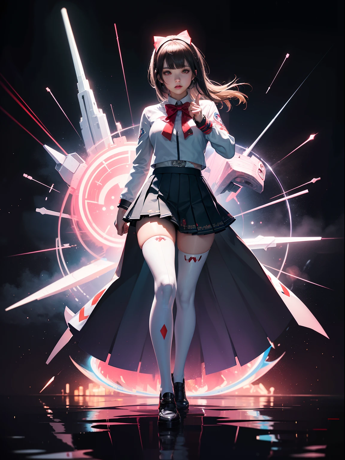 (full body:1.5),(1girl:1.3),(looking at viewer:1.4),(anatomy correct:1.3),(Wearing Ultraman suit JK uniform printed Ultra short pleated skirt and JK uniform leather shoes with bow decoration ,and Very thick Printed Lolita Pantyhose :1.35), (Light particle effect:1.3),(In pink | amarelo | blue colors| green color |red colors | white colors| black in color| purpleish color| greys| Beige| Flesh color 1.4),(Glowing eyes:1.3),(Large amplitude action: 1.3),(Accurate and perfect face:1.4),(Clothing Gloss:1.25),(Skin reflection:1.25),hyper HD, Ray traching, reflective light,structurally correct, Award-Awarded, high detal, lightand shade contrast, Face lighting,cinmatic lighting, tmasterpiece, super detailing, high high quality, high detal, best qualityer, 16k,high contrast,