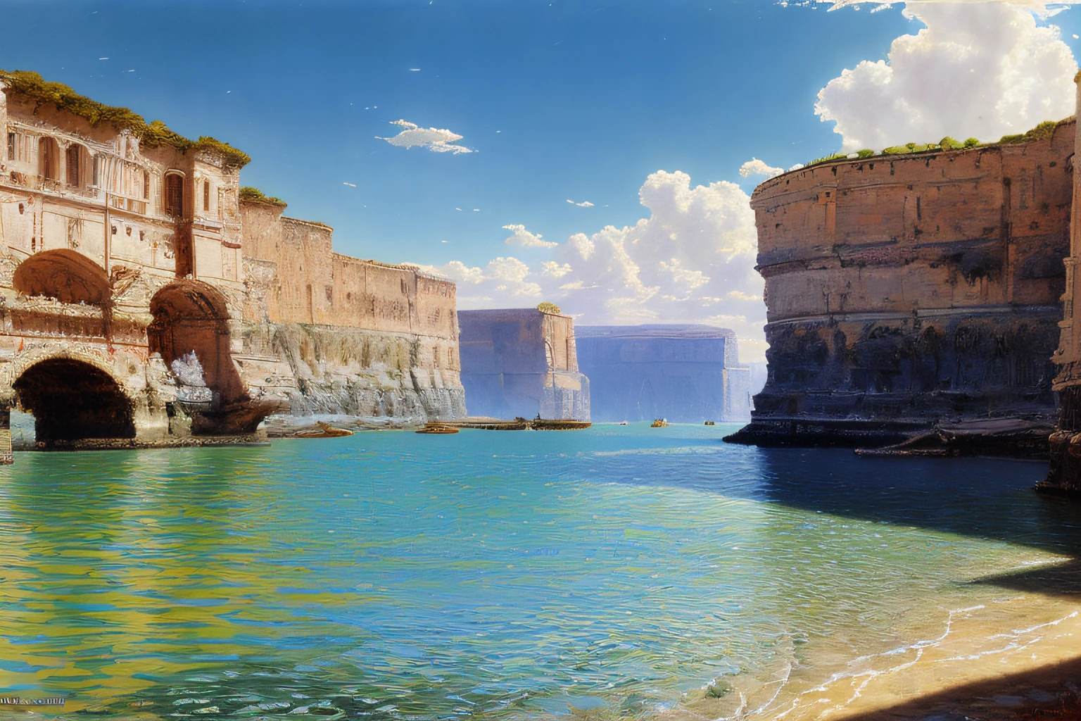 paysage, eau bleu profond, (Highly detailed CG Unit 8k wallpaper), The most beautiful work of art in the world, Professional majestic oil painting, complexe, High detail, mise au point nette, dramatique, Art of photorealist painting, alma tadema