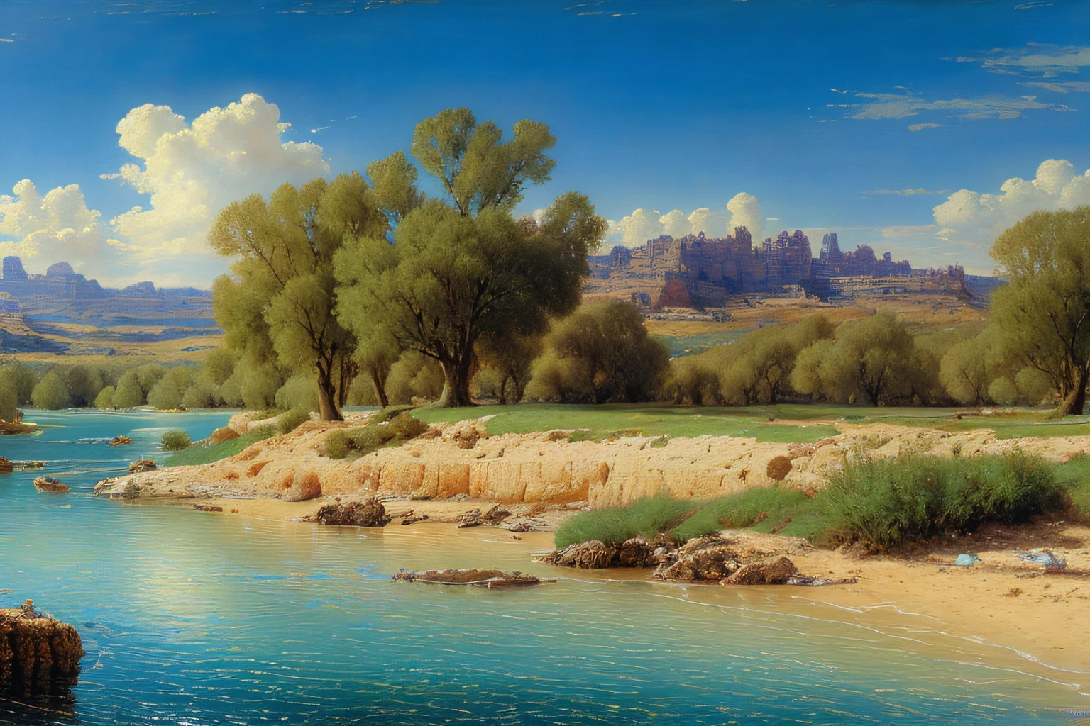 paysage, eau bleu profond, (Highly detailed CG Unit 8k wallpaper), The most beautiful work of art in the world, Professional majestic oil painting, complexe, High detail, mise au point nette, dramatique, Art of photorealist painting, alma tadema