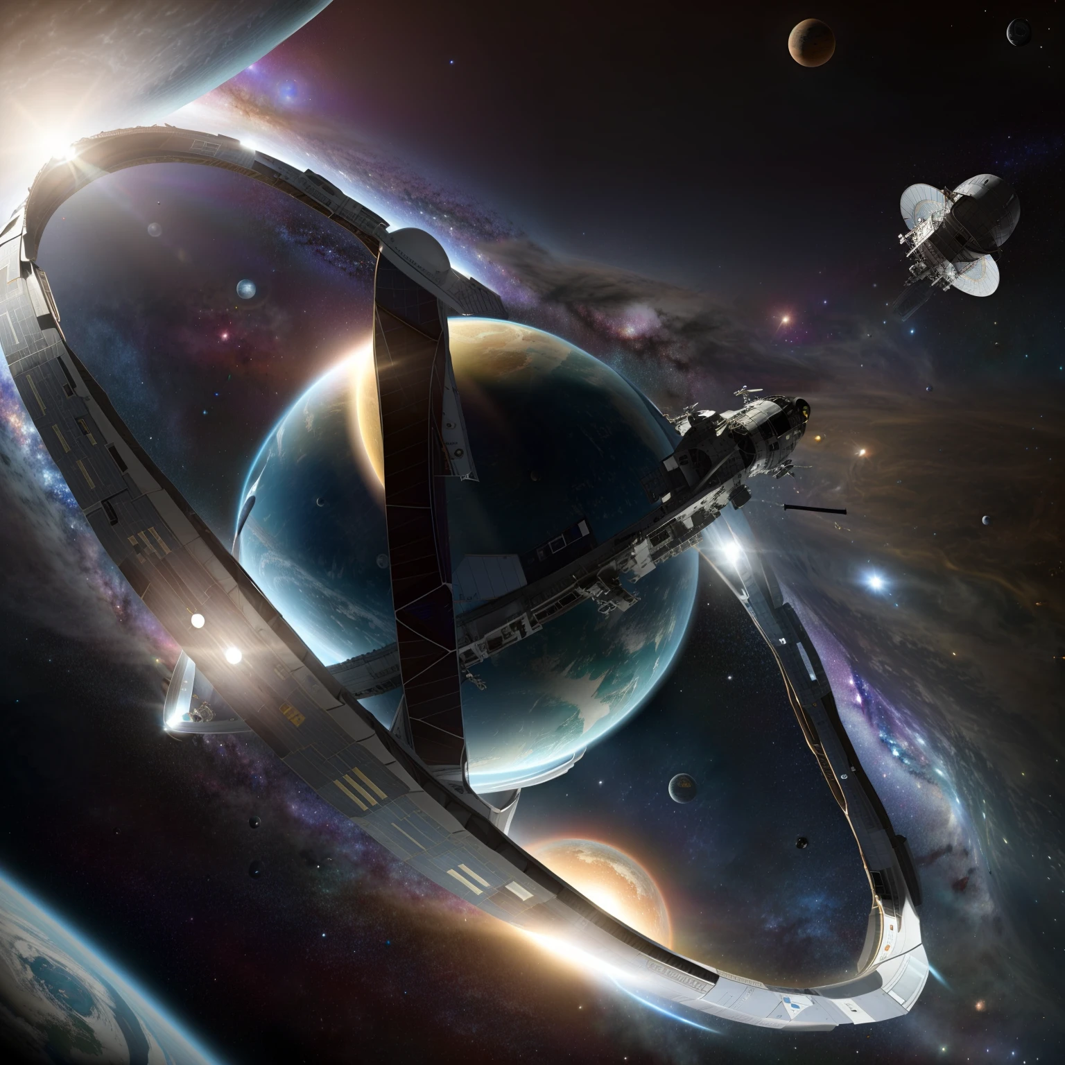 In the middle there is a satellite space station map, top down extraterrestial view, orbiting space ships, explorer sketch, detailed spacecraft, conceptual drawing, planet with rings, orbital rings, concept sketches, variable lineart, Outline sketch, detailed crash space ship, galaxy orbit system, mobius strip shaped planet, space station planet afar