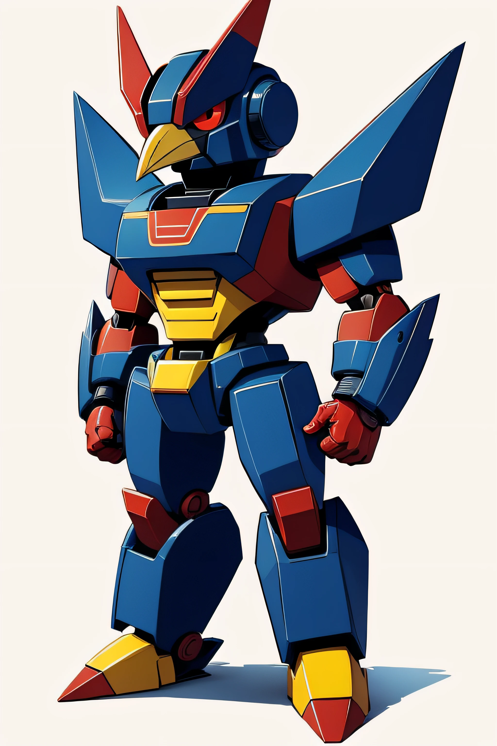 Avian animal morphology，(Hand drawn cartoon style)，(No shadow effect)，(best qualtiy)，Looks like a transformer，Q version image，Red-blue robot，bird head