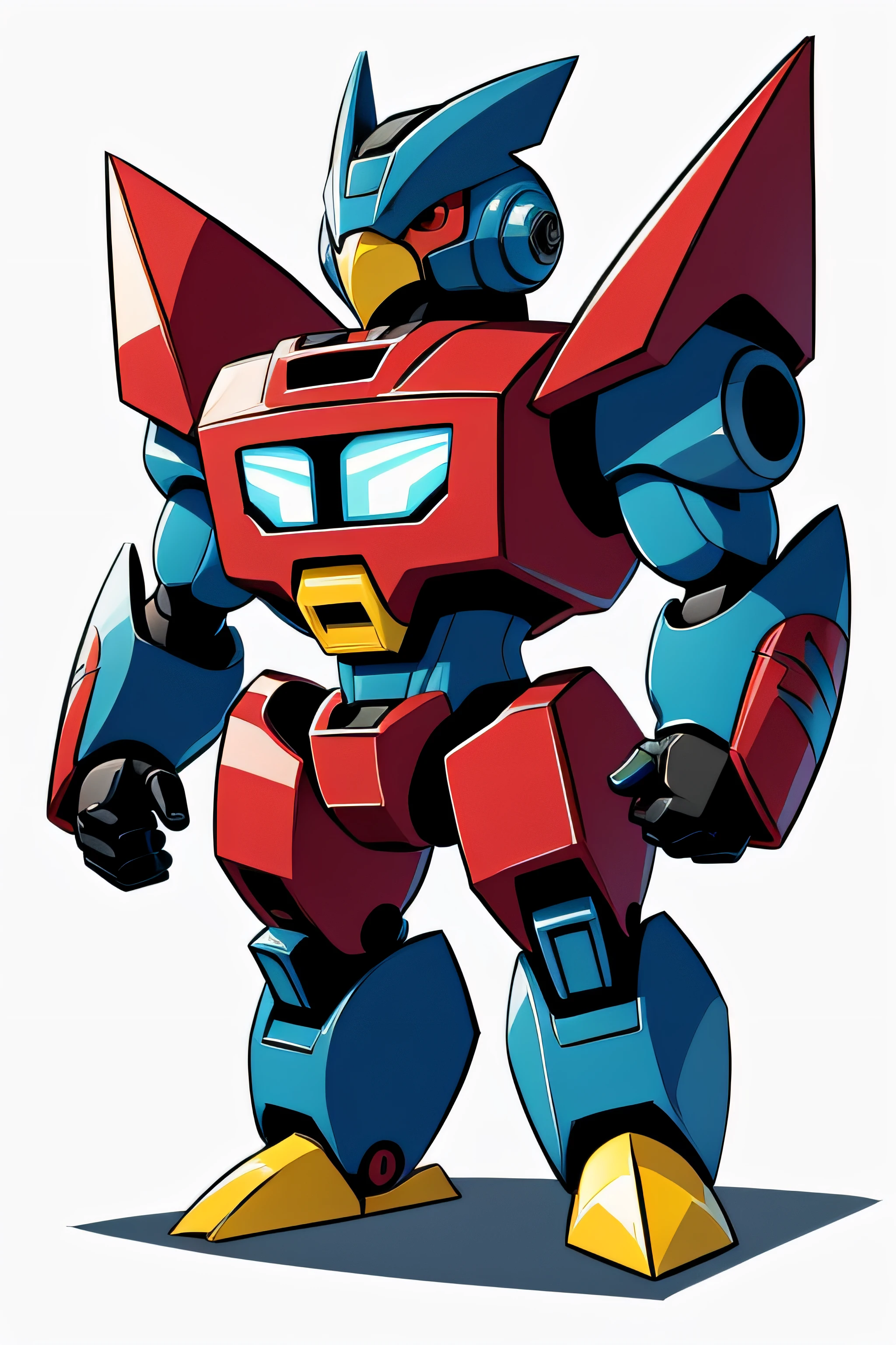 Avian animal morphology,(Hand drawn cartoon style),(No shadow effect),(best qualtiy),Looks like a transformer,Q version image,Red-blue robot,bird head