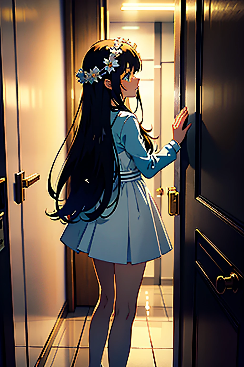 1girll， hair adornments， white dresses， hallways，Suspension rope， Hair flowers，Elevator entrance，doorways，Dimly yellow lights，An expression of despair，CRIT，  brunette color hair，  standing on your feet， By bangs， From the side Side， Reflectors， long whitr hair （（（tmasterpiece），（Very detailed CG unity 8K wallpaper），best qualtiy，，独奏，1girll，cinmatic lighting，detailed back ground，beatiful detailed eyes，Bright pupils，（Very fine and beautiful），（Beautiful and detailed eye description），ultra - detailed，tmasterpiece，）），