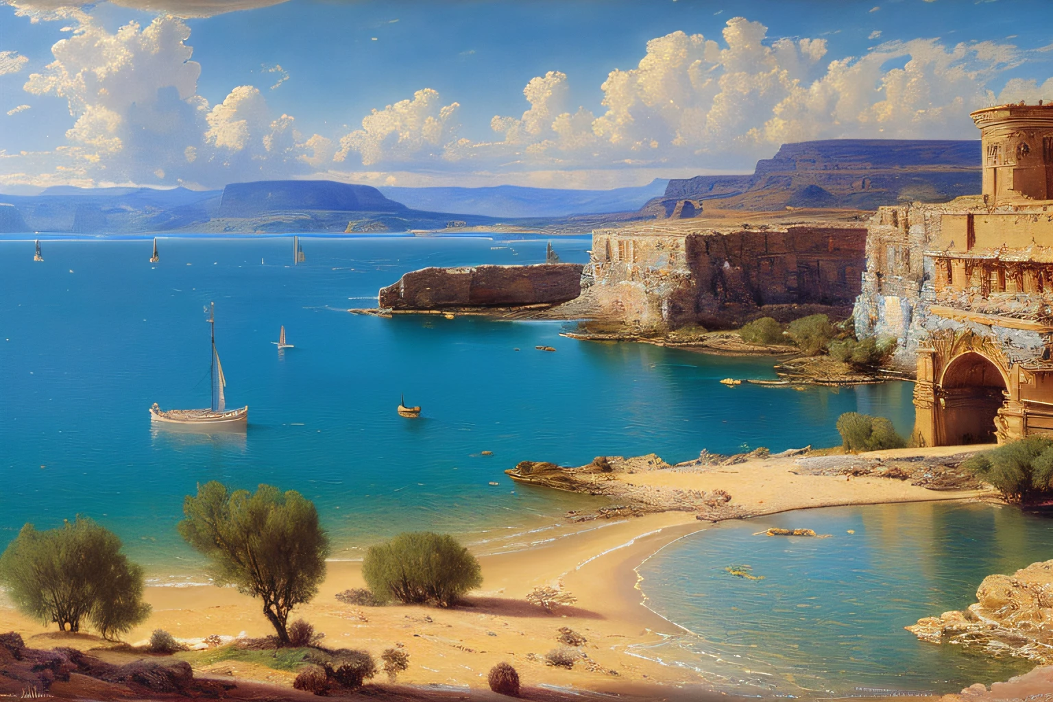 paysage, eau bleu profond, (Highly detailed CG Unit 8k wallpaper), The most beautiful work of art in the world, Professional majestic oil painting, complexe, High detail, mise au point nette, dramatique, Art of photorealist painting, alma tadema