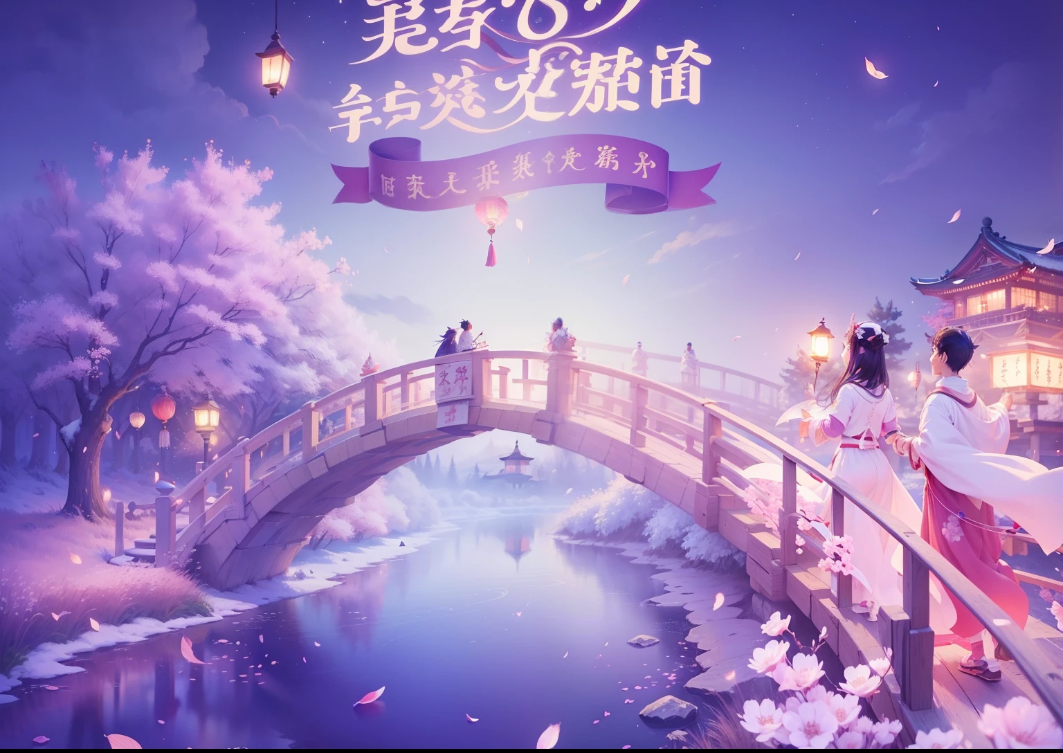 Tanabata Festival, magpie, plum blossom, romantic night, petals flying, lantern meeting, illustration hand-painted style, do not text(masterpiece, top quality, best quality, official art, beautiful and aesthetic:1.2),(8k, best quality, masterpiece:1.2),