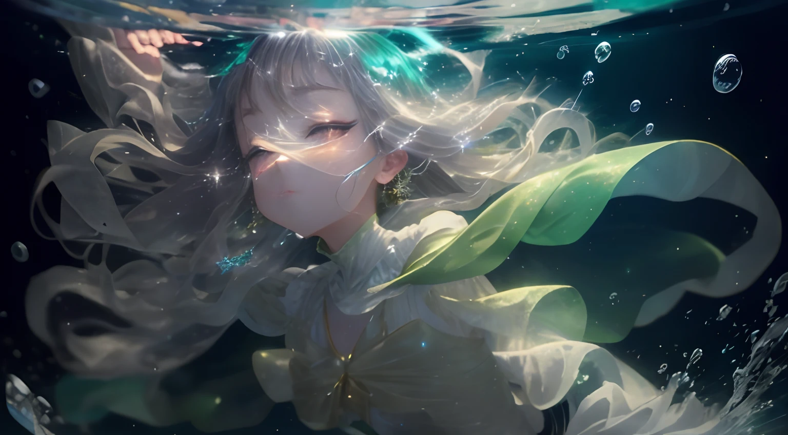 Stretch out your arms、Glittering green leotard、Bright green cloak、Open your eyes、Look up