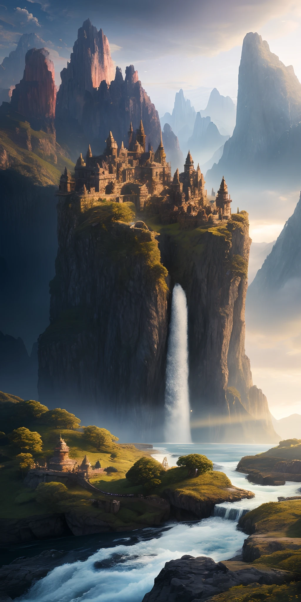 Masterpiece, best quality, high quality, extremely detailed CG unity 8k wallpaper, landscape, outdoor, sky, clouds, sky, no humans, mountain, landscape, water, tree, blue sky, waterfall, cliff, nature, lake, river , cloudy skies, award winning photography, bokeh, depth of field, HDR, bloom, chromatic aberration, photorealism, very detailed, trending on artstation, trending on CGsociety, intricate, high detail, dramatic, half way art