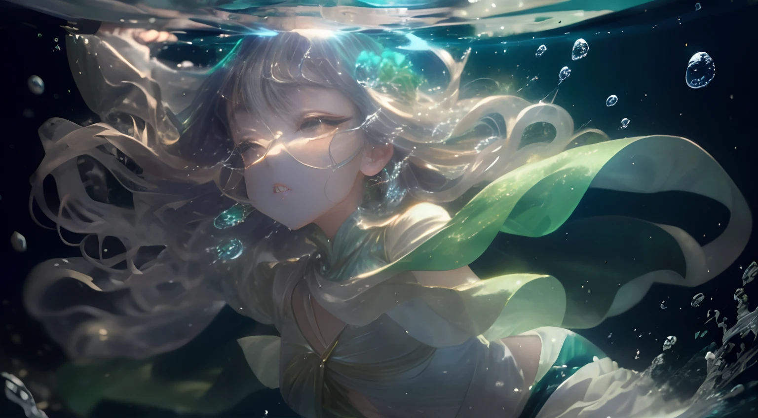 Stretch out your arms、Glittering green leotard、Bright green cloak、Open your eyes、Look up