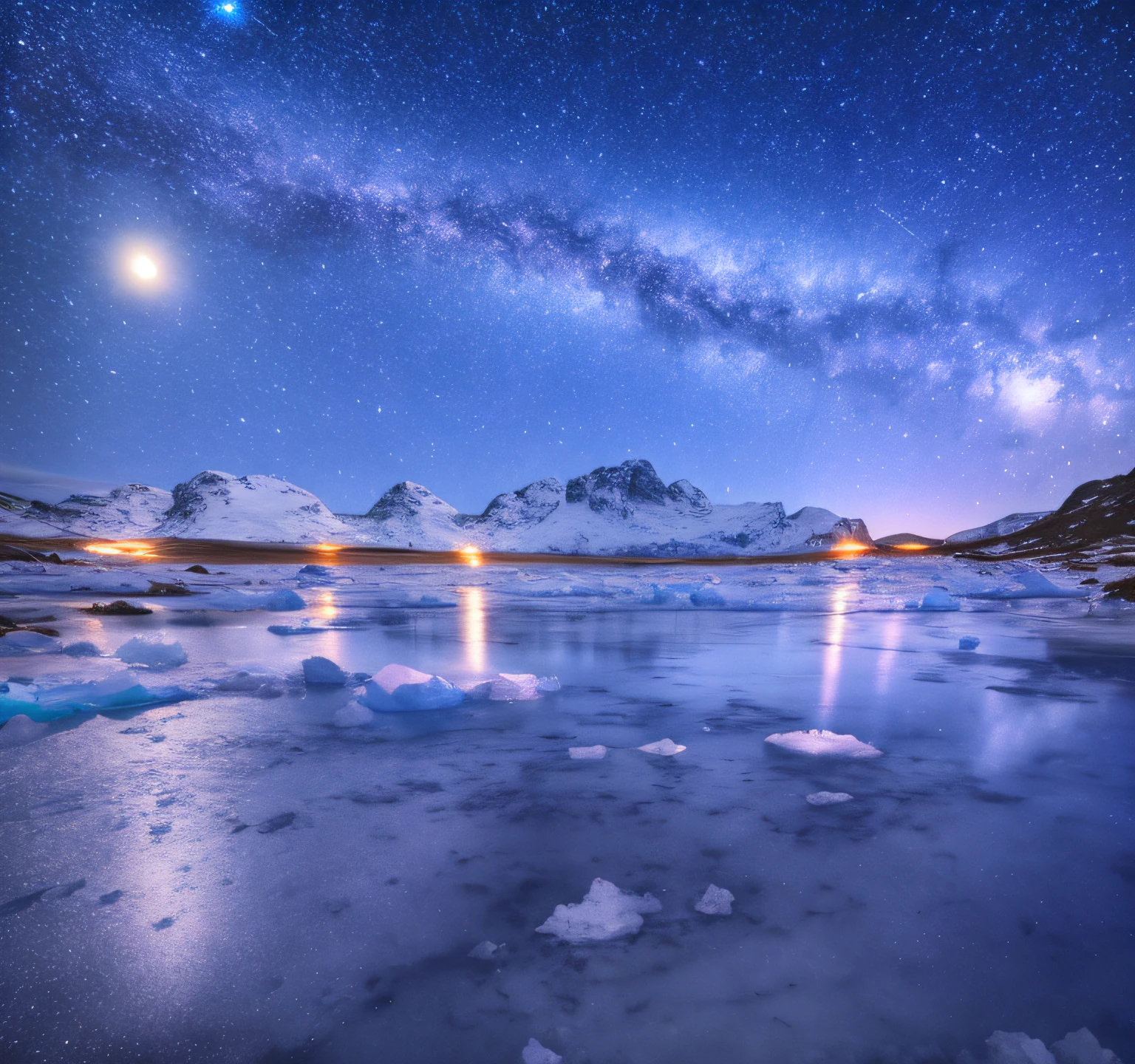 Starry sky on a frozen lake，The background is a mountain, luminist polar landscape, As estrelas、The Milky Way and the Moon, antartic night, mikko lagerstedt, surreal frozen landscape, milky way environment, cosmos sem fim no fundo, magical sparkling lake, nighttime scene, nighttime nature landscape, Frozen lake, author：Harald Giersing, Milky Way